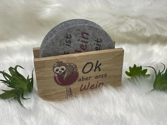 Filzuntersetzer mit Mädelsabend-Sprüchen und passenden Holzkästchen
