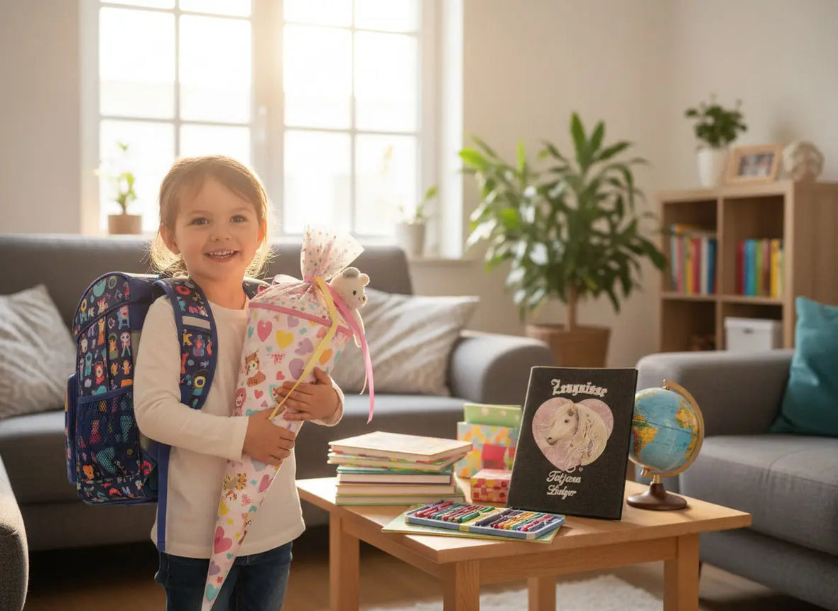 Geschenkideen zur Einschulung liebevoll dekoriert auf einem Tisch mit Schultüte und Schulzubehör