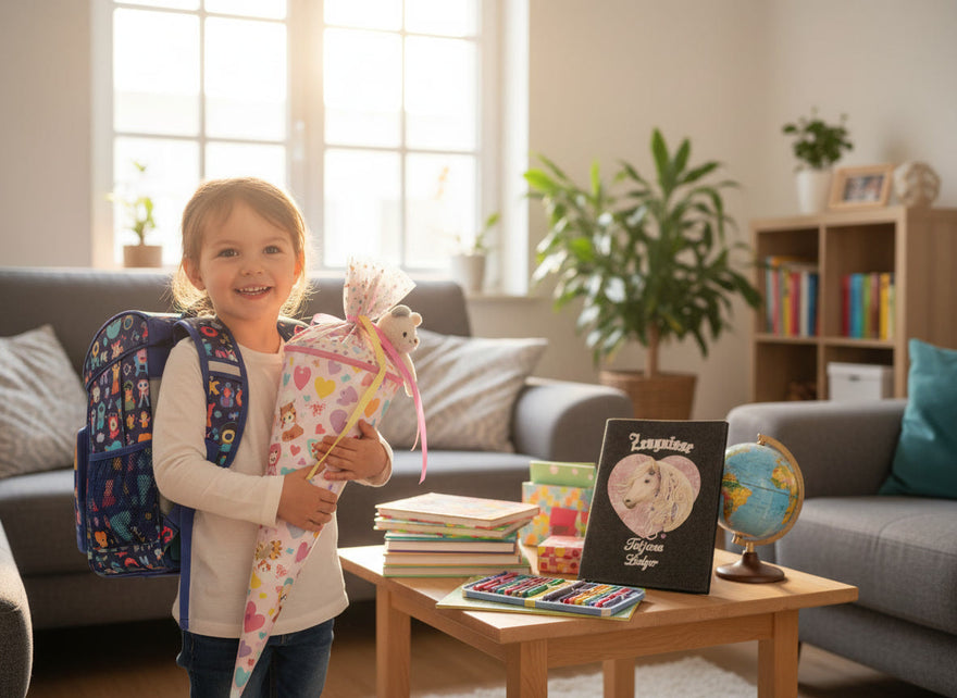 Geschenkideen zur Einschulung liebevoll dekoriert auf einem Tisch mit Schultüte und Schulzubehör