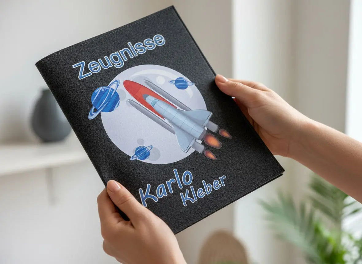 Detailaufnahme einer personalisierten Zeugnismappe aus Filz mit Namensdruck, hochwertiges Filzmaterial und saubere Verarbeitung