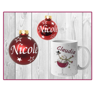 Personalisierte weihnachtskugeln und Tassen