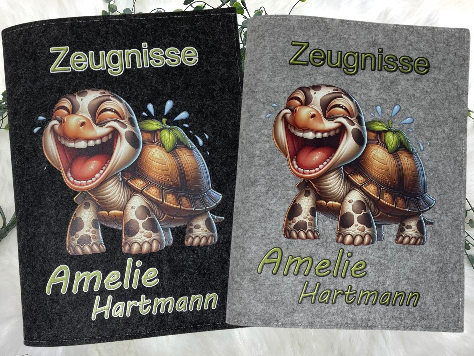 Zeugnismappe mit Namen - Mädchen und Jungen - Personalisiert Filz A4 witzige schildkröte - Dokumenten Urkunden Mappe Kinder - Hefter Zeugnisse