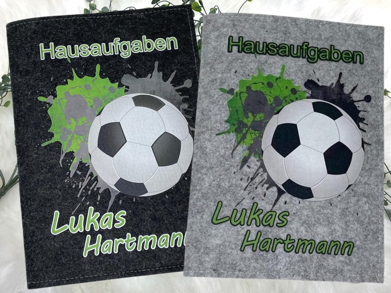 Hausaufgabenheft Hülle Filz Fussball grün hell inkl Heft Schulheft Schutzhülle Umschlag Geschenkidee Einschulung personalisierbar mit Namen