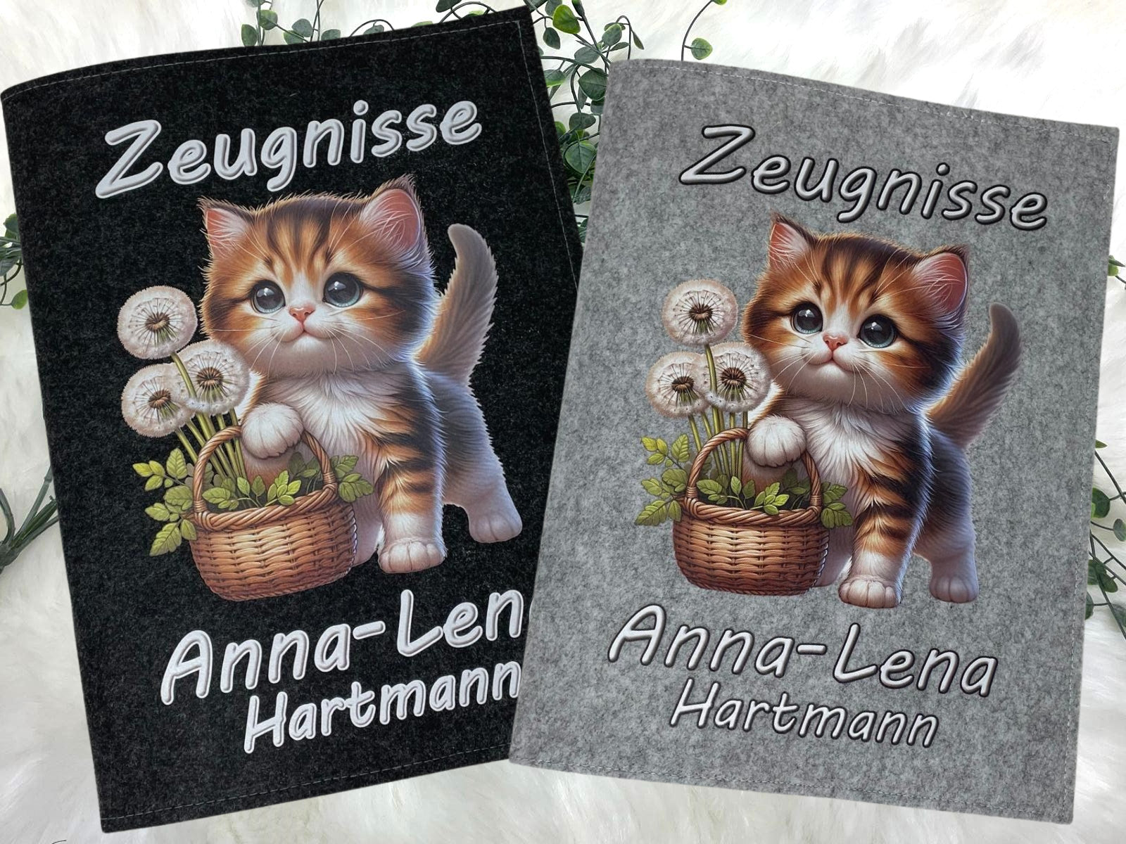 Zeugnismappe mit Namen - Mädchen und Jungen - Personalisiert Filz A4 Katze - Dokumenten Urkunden Mappe Kinder - Hefter Zeugnisse - Sichtbuch Grundschule