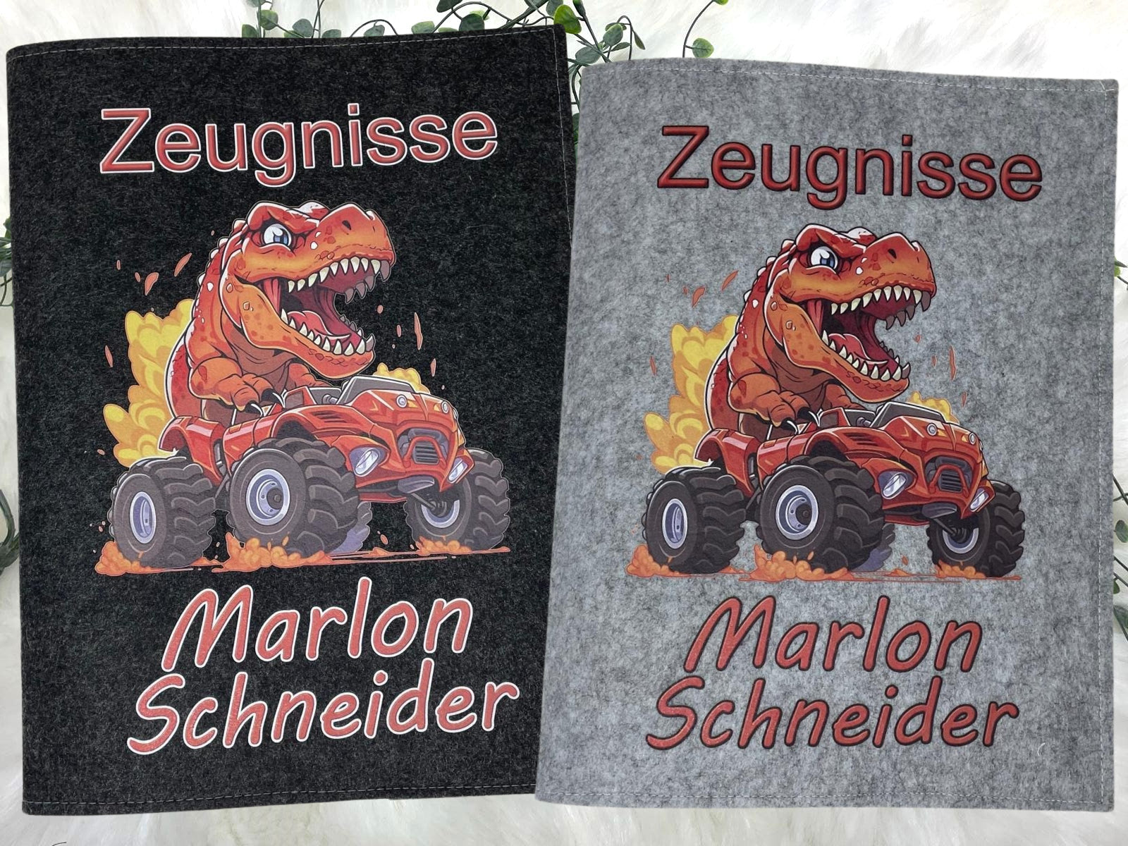 Zeugnismappe mit Namen - Mädchen und Jungen - Personalisiert Filz A4 Dino Orange - Dokumenten Urkunden Mappe Kinder - Hefter Zeugnisse