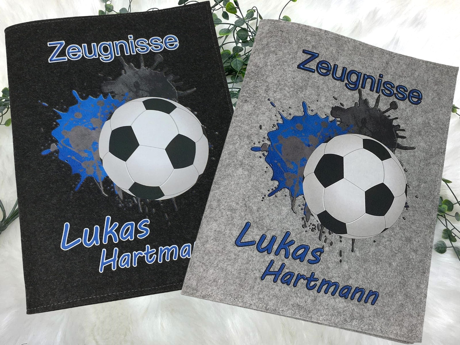 Personalisiertes Fußball-Zeugnismappe, ideales Geschenk für Jungen zum Schulanfang in Blau.