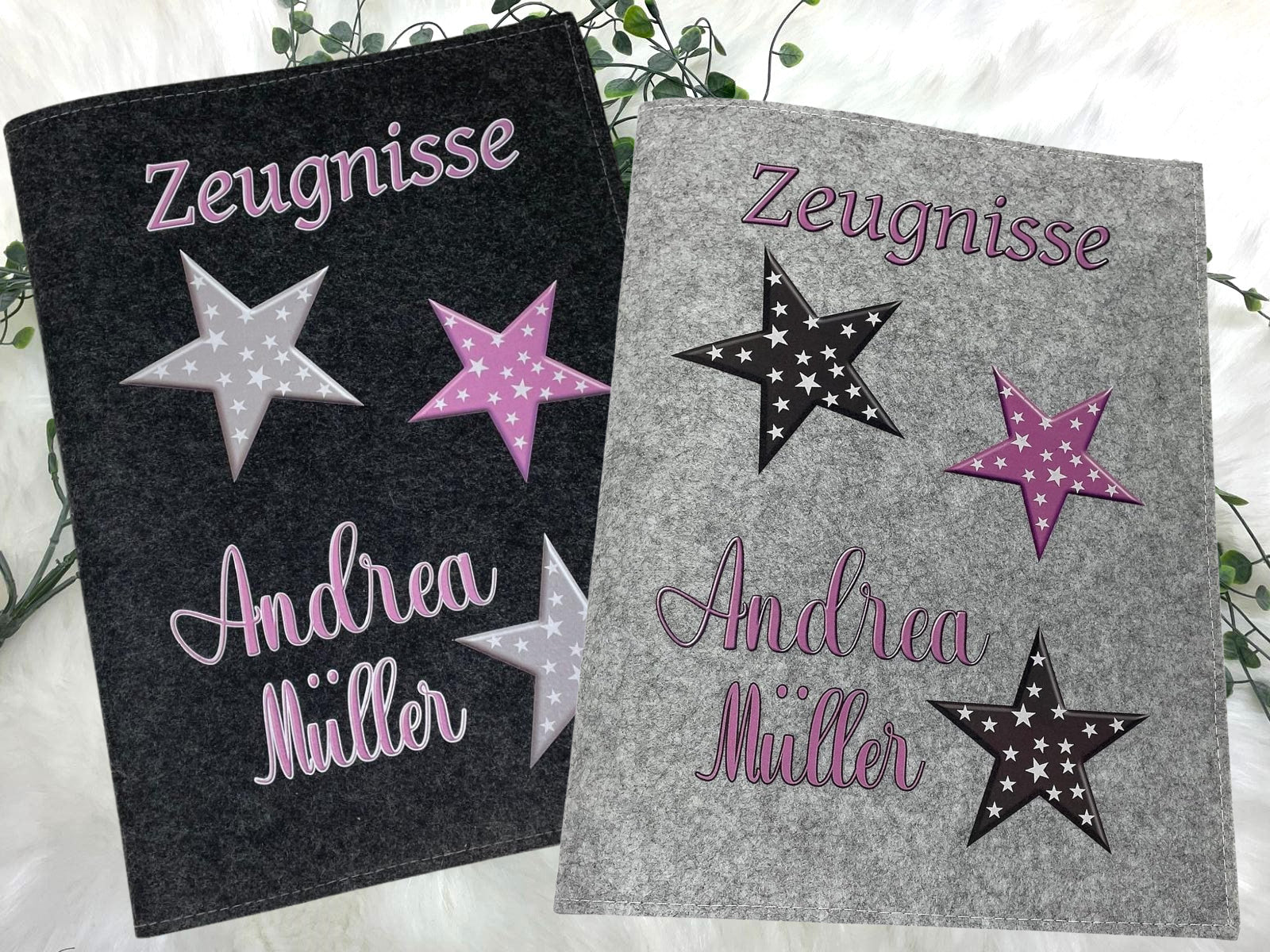 Individuelles Filz Zeugnismappe mit Sternen, perfektes Geschenk zum Schulanfang. 