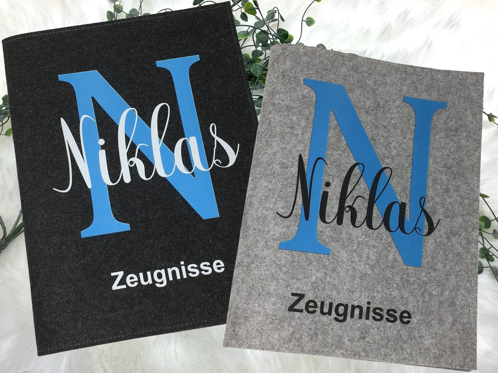 Zeugnismappe mit Namen - Mädchen und Jungen - Personalisiert Filz A4 Blau Buchstabe - Dokumenten Urkunden Mappe Kinder - Hefter Zeugnisse - Sichtbuch