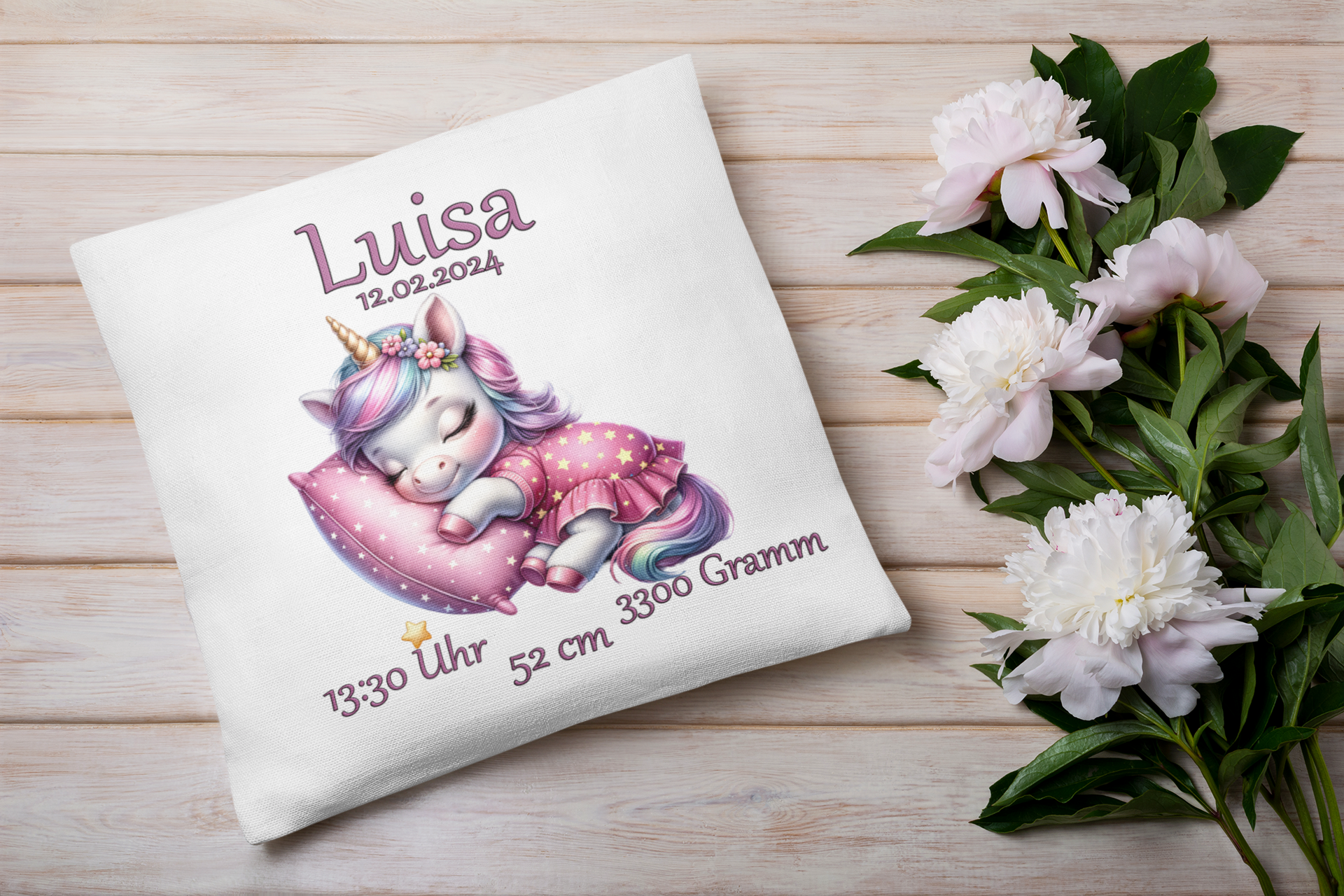 Baby Geschenk Mädchen Geburt Personalisiert Kissen mit Namen Einhorn Taufe