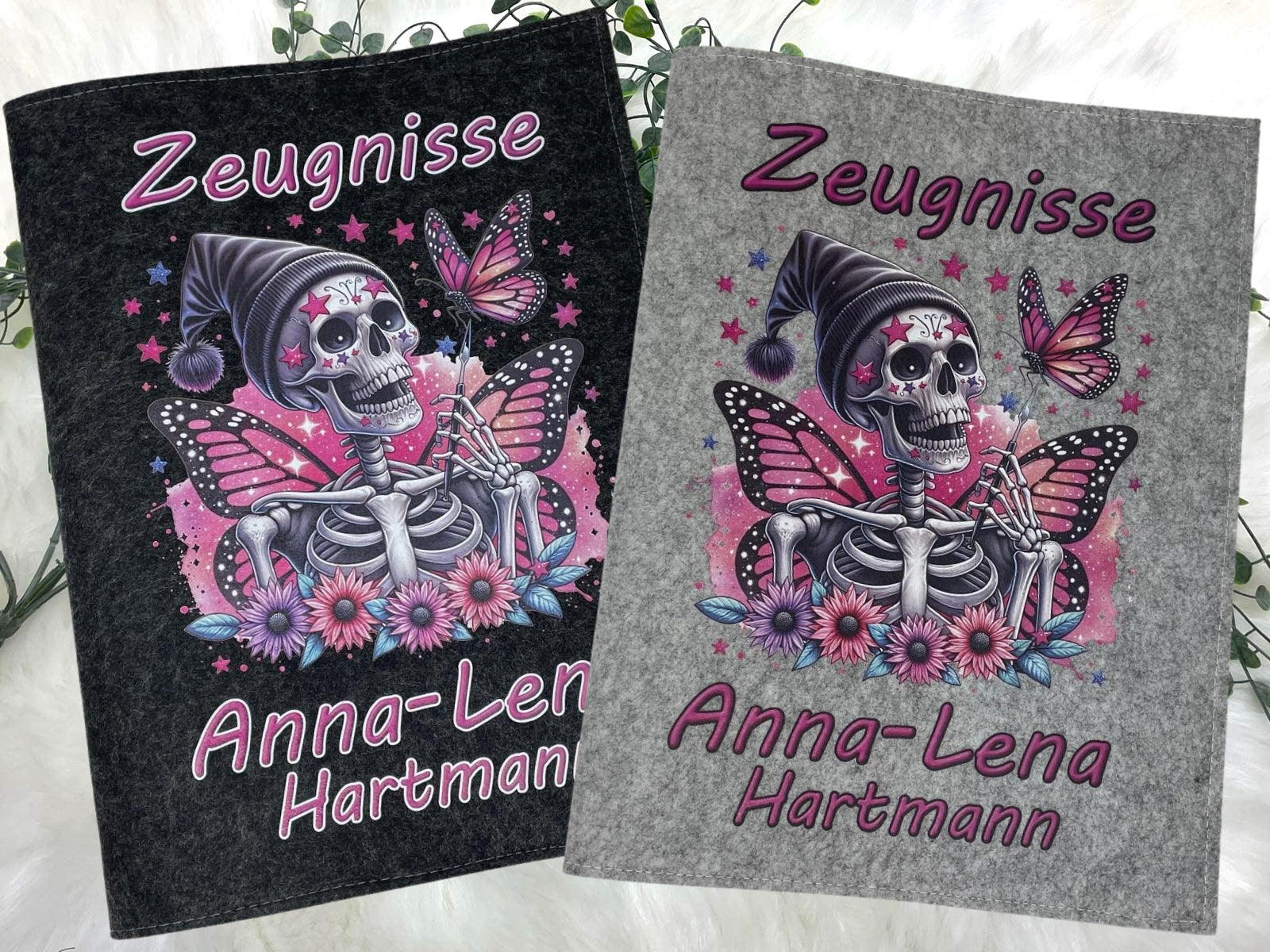 Zeugnismappe mit Namen - Mädchen und Jungen - Personalisiert Filz A4 Skulls Pink - Dokumenten Urkunden Mappe Kinder - Hefter Zeugnisse