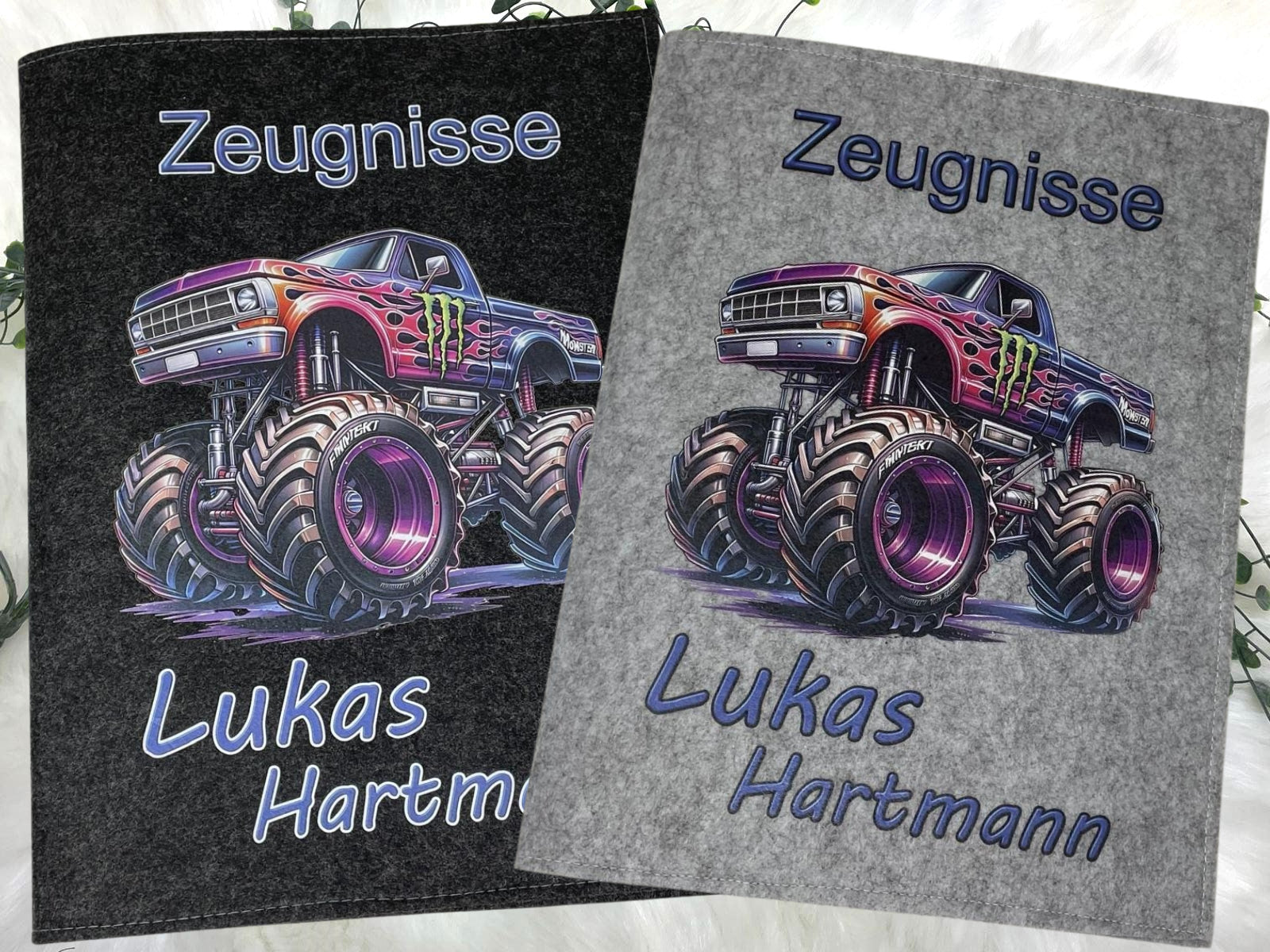 Zeugnismappe mit Namen - Mädchen und Jungen - Personalisiert Filz A4 Monstertruck - Dokumenten Urkunden Mappe Kinder - Hefter Zeugnisse