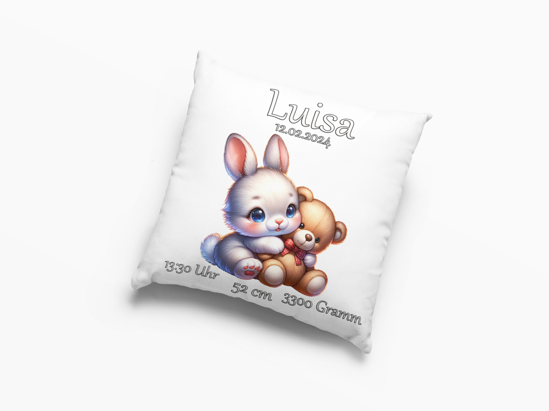 Baby Geschenk Kissen Personalisiert mit Namen Hase Teddybär Taufgeschenk Geburt