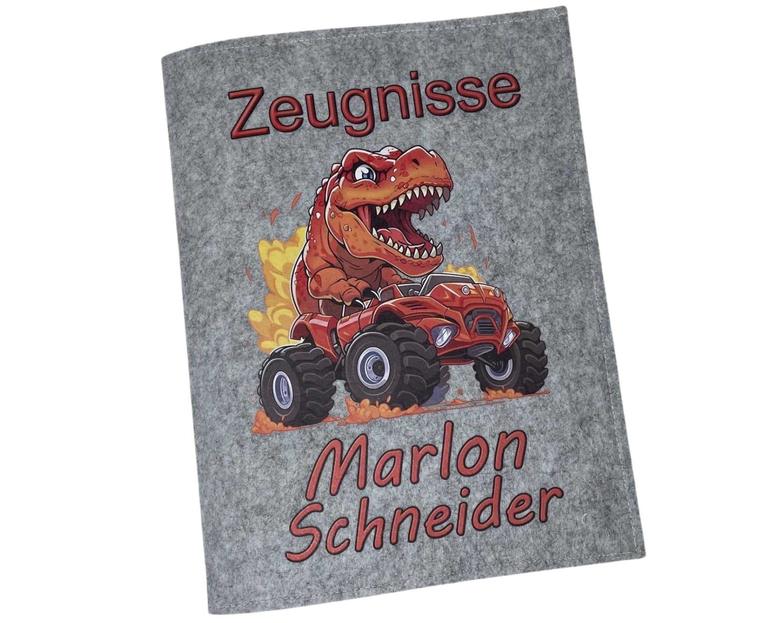 Zeugnismappe mit Namen - Mädchen und Jungen - Personalisiert Filz A4 Dino Orange - Dokumenten Urkunden Mappe Kinder - Hefter Zeugnisse