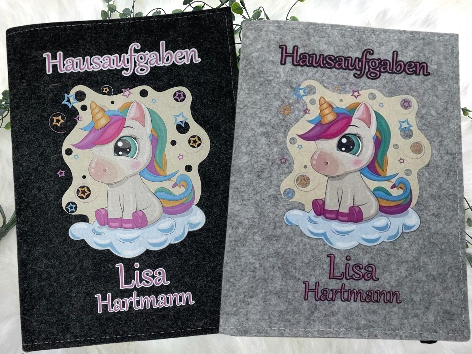 Hausaufgabenheft Hülle Filz einhorn hell inkl Heft Schulheft Schutzhülle Umschlag Geschenkidee Einschulung personalisierbar mit Namen