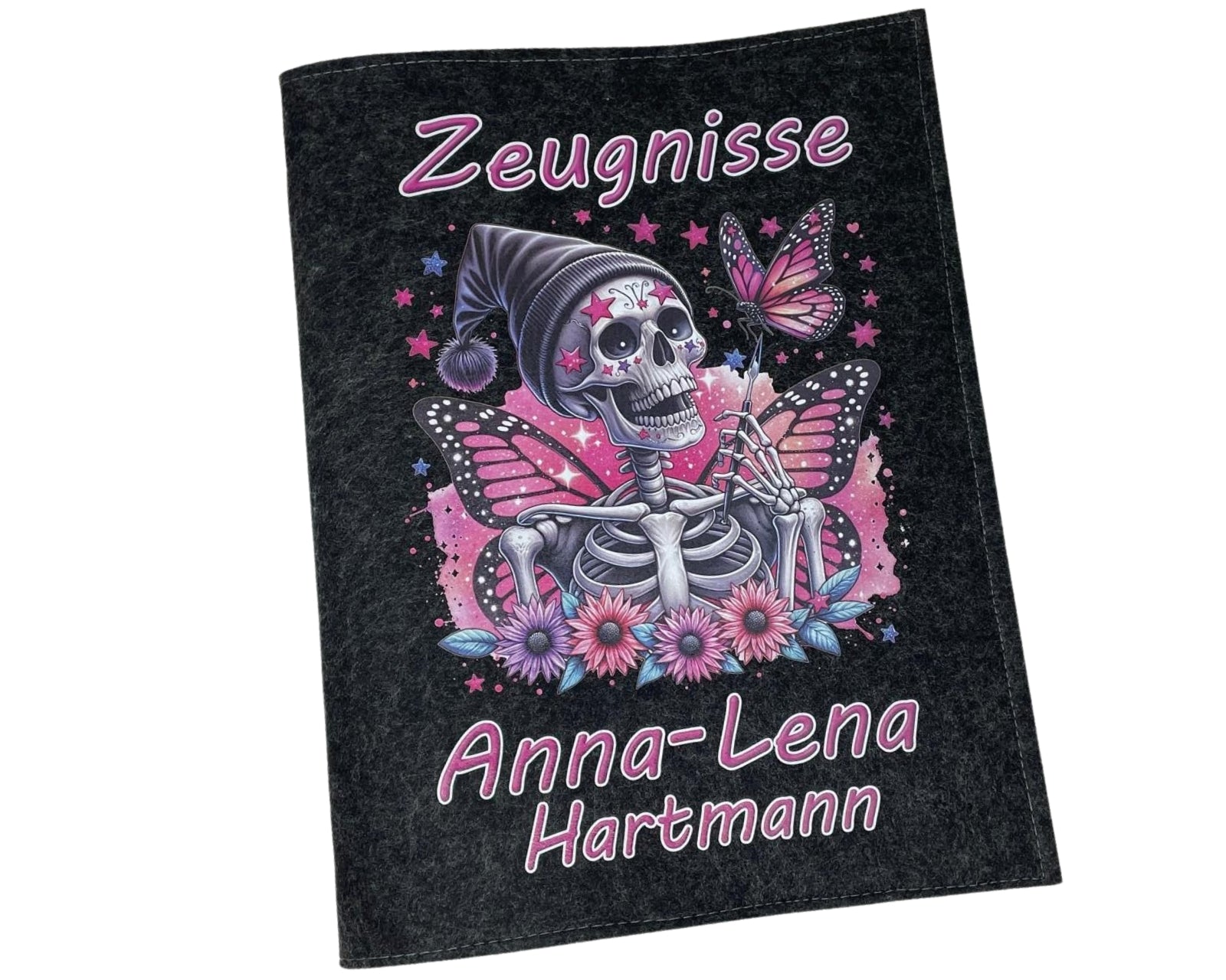 Zeugnismappe mit Namen - Mädchen und Jungen - Personalisiert Filz A4 Skulls Pink - Dokumenten Urkunden Mappe Kinder - Hefter Zeugnisse