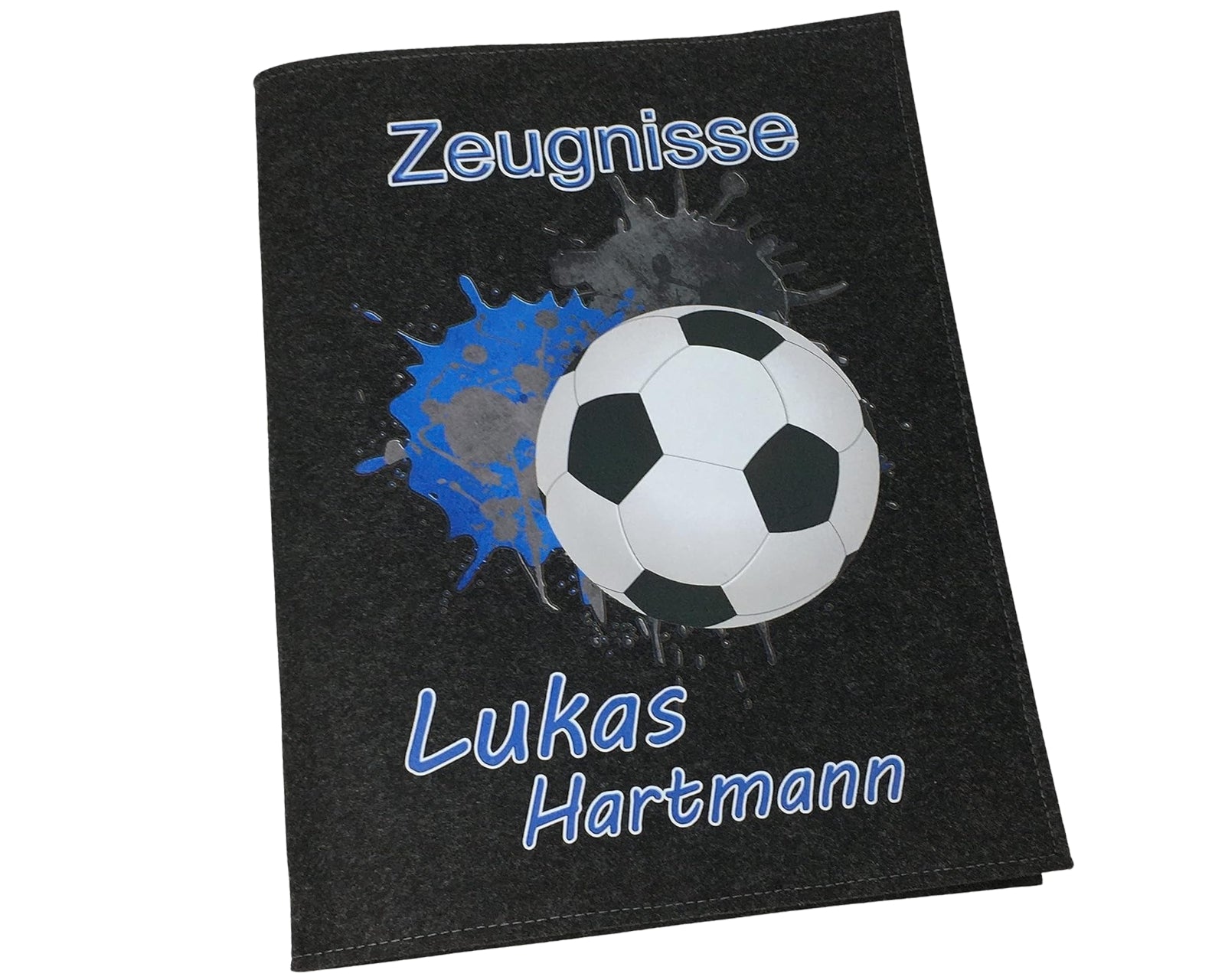 Zeugnismappe mit Namen - Mädchen und Jungen - Personalisiert Filz A4 Fussball Blau - Dokumenten Urkunden Mappe Kinder - Hefter Zeugnisse - Sichtbuch