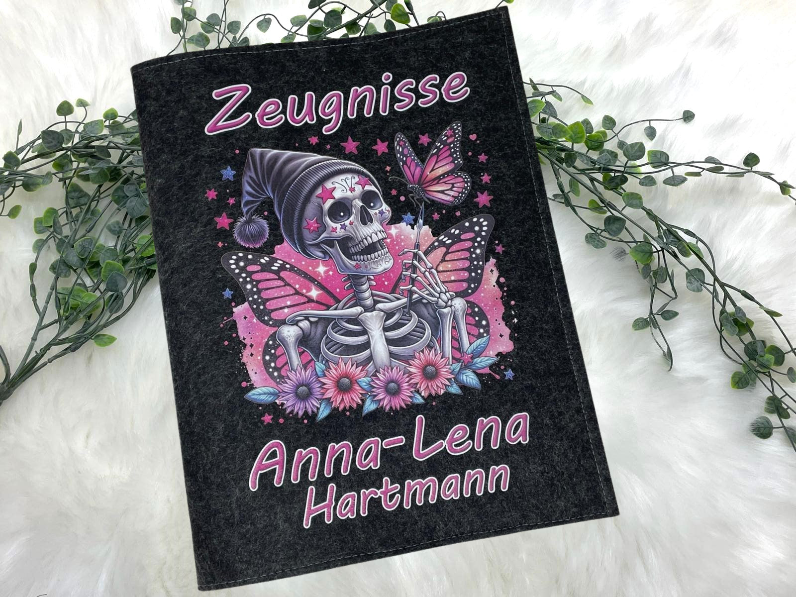 Zeugnismappe mit Namen - Mädchen und Jungen - Personalisiert Filz A4 Skulls Pink - Dokumenten Urkunden Mappe Kinder - Hefter Zeugnisse