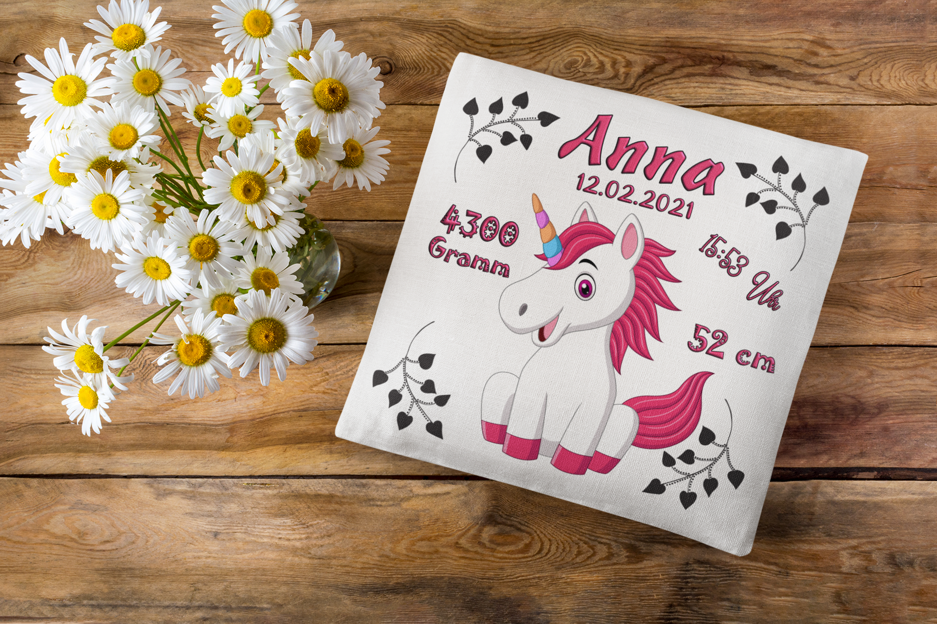 Kissen als Geschenk zur Taufe oder Geburt mit Namen & Datum Babykissen Einhorn personalisiertes Geburtskissen