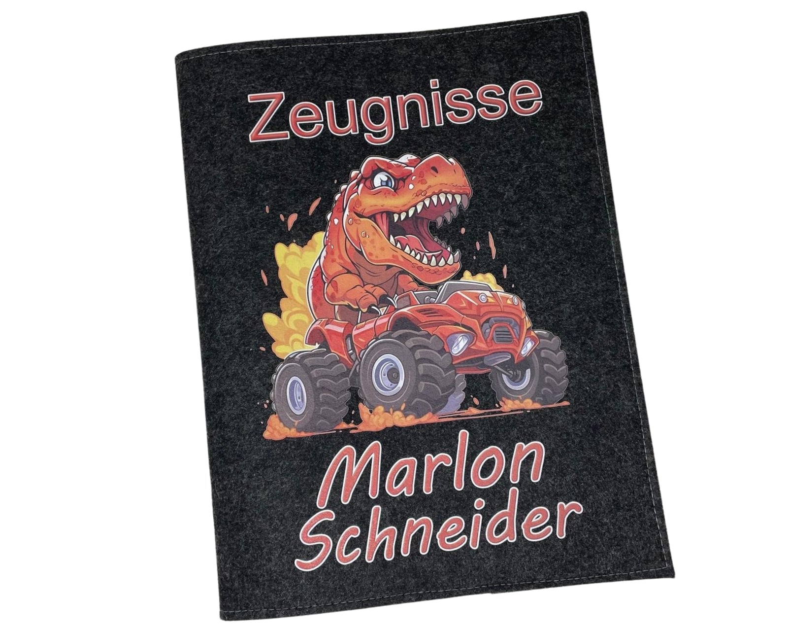 Zeugnismappe mit Namen - Mädchen und Jungen - Personalisiert Filz A4 Dino Orange - Dokumenten Urkunden Mappe Kinder - Hefter Zeugnisse