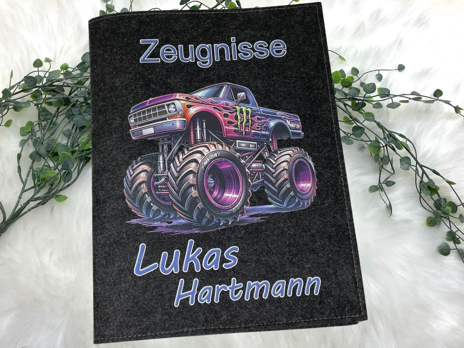 Zeugnismappe mit Namen - Mädchen und Jungen - Personalisiert Filz A4 Monstertruck - Dokumenten Urkunden Mappe Kinder - Hefter Zeugnisse