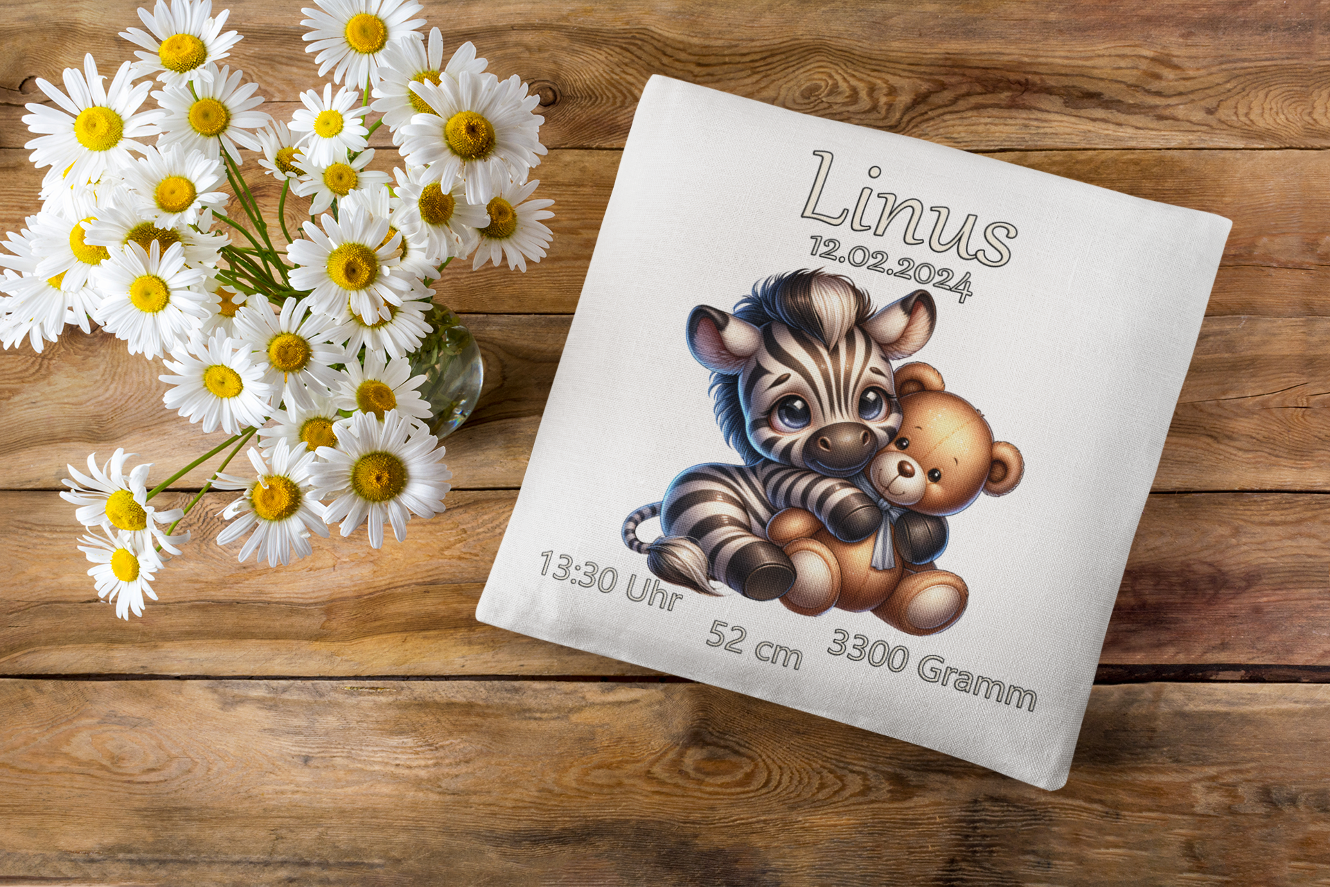 Baby Geschenk Kissen Personalisiert mit Namen Zebra Teddybär Taufgeschenk Geburt