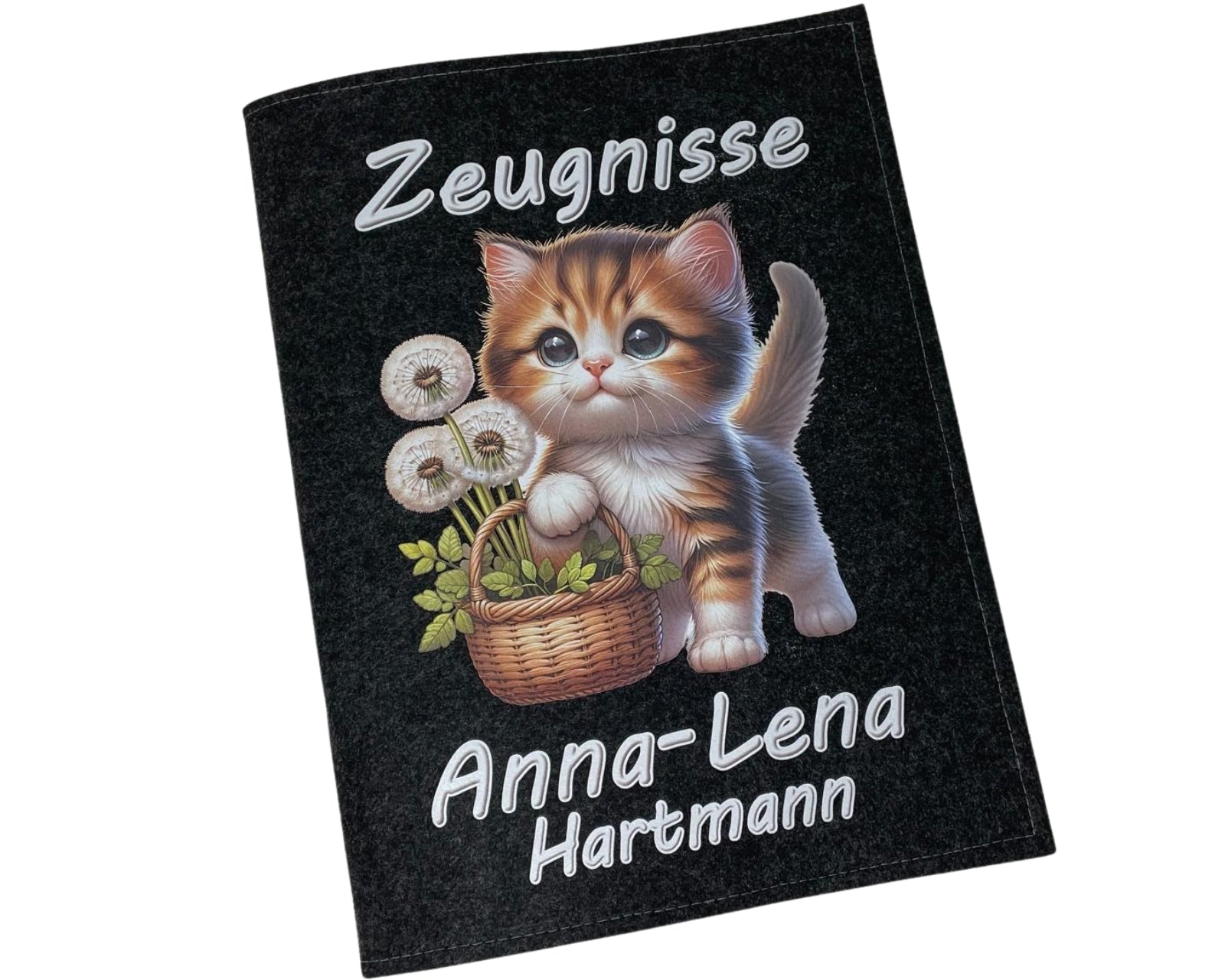 Zeugnismappe mit Namen - Mädchen und Jungen - Personalisiert Filz A4 Katze - Dokumenten Urkunden Mappe Kinder - Hefter Zeugnisse - Sichtbuch Grundschule