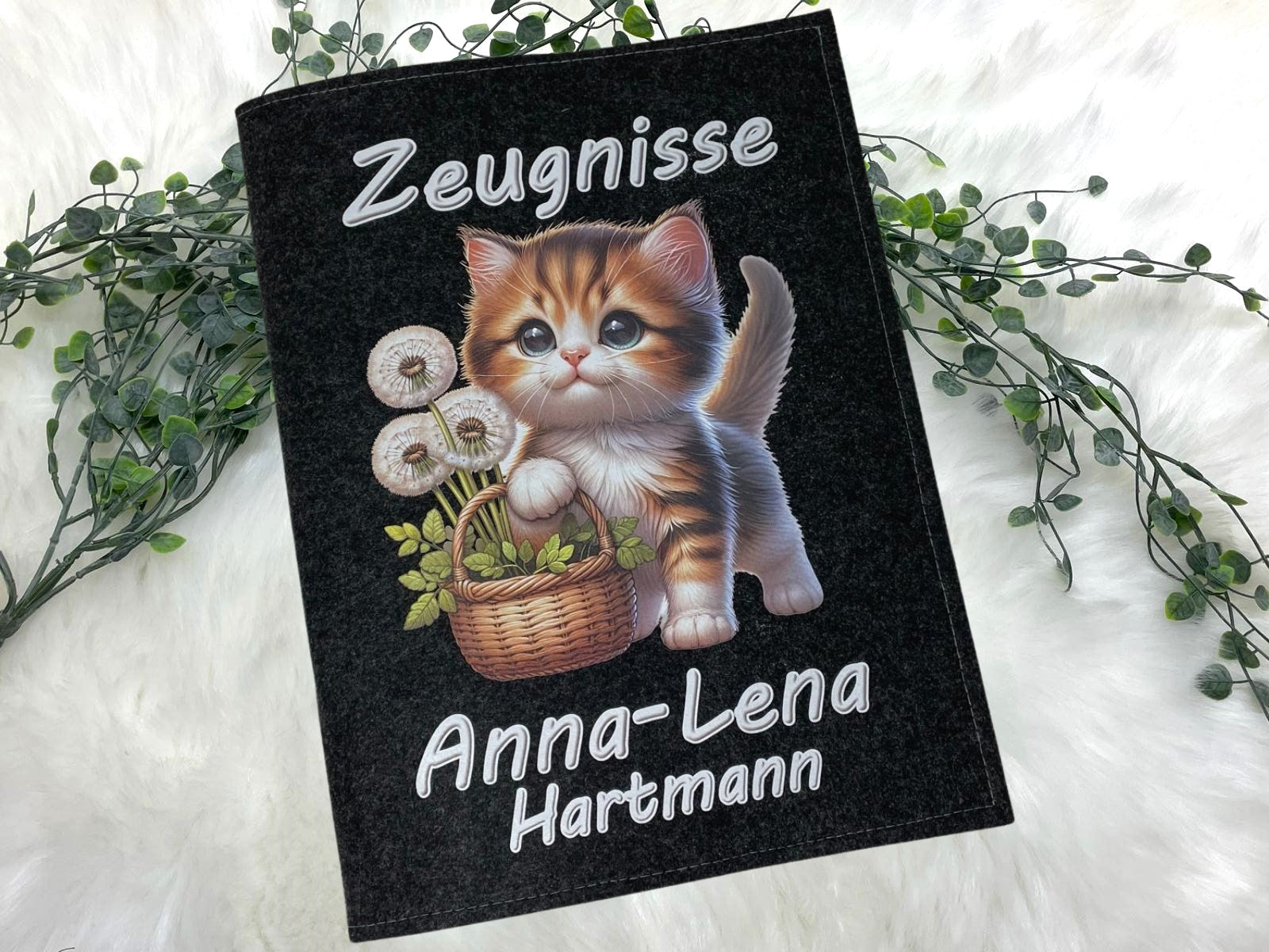 Zeugnismappe mit Namen - Mädchen und Jungen - Personalisiert Filz A4 Katze - Dokumenten Urkunden Mappe Kinder - Hefter Zeugnisse - Sichtbuch Grundschule