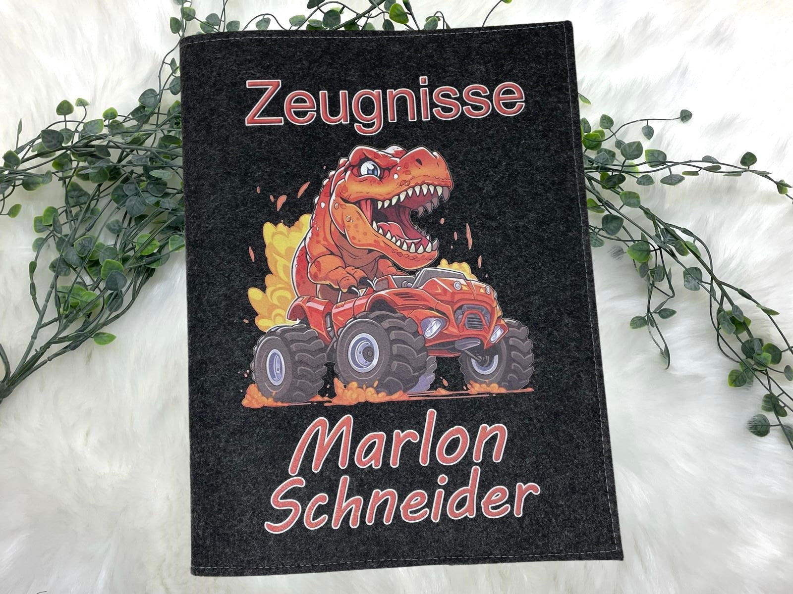 Zeugnismappe mit Namen - Mädchen und Jungen - Personalisiert Filz A4 Dino Orange - Dokumenten Urkunden Mappe Kinder - Hefter Zeugnisse