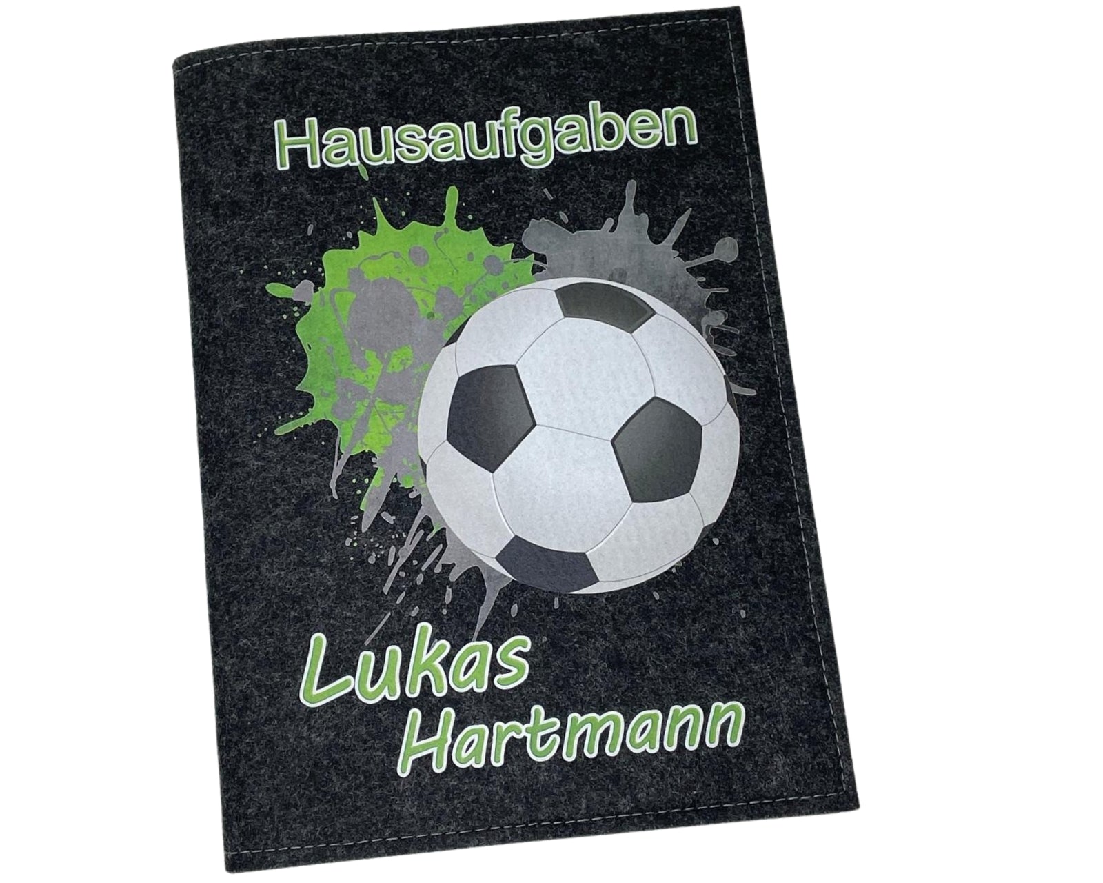 Hausaufgabenheft Hülle Filz Fussball grün hell inkl Heft Schulheft Schutzhülle Umschlag Geschenkidee Einschulung personalisierbar mit Namen