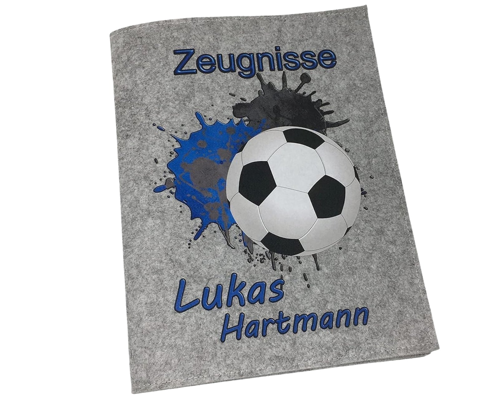 Zeugnismappe mit Namen - Mädchen und Jungen - Personalisiert Filz A4 Fussball Blau - Dokumenten Urkunden Mappe Kinder - Hefter Zeugnisse - Sichtbuch