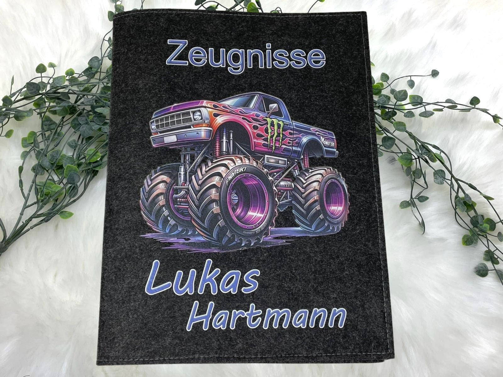 Zeugnismappe mit Namen - Mädchen und Jungen - Personalisiert Filz A4 Monstertruck - Dokumenten Urkunden Mappe Kinder - Hefter Zeugnisse