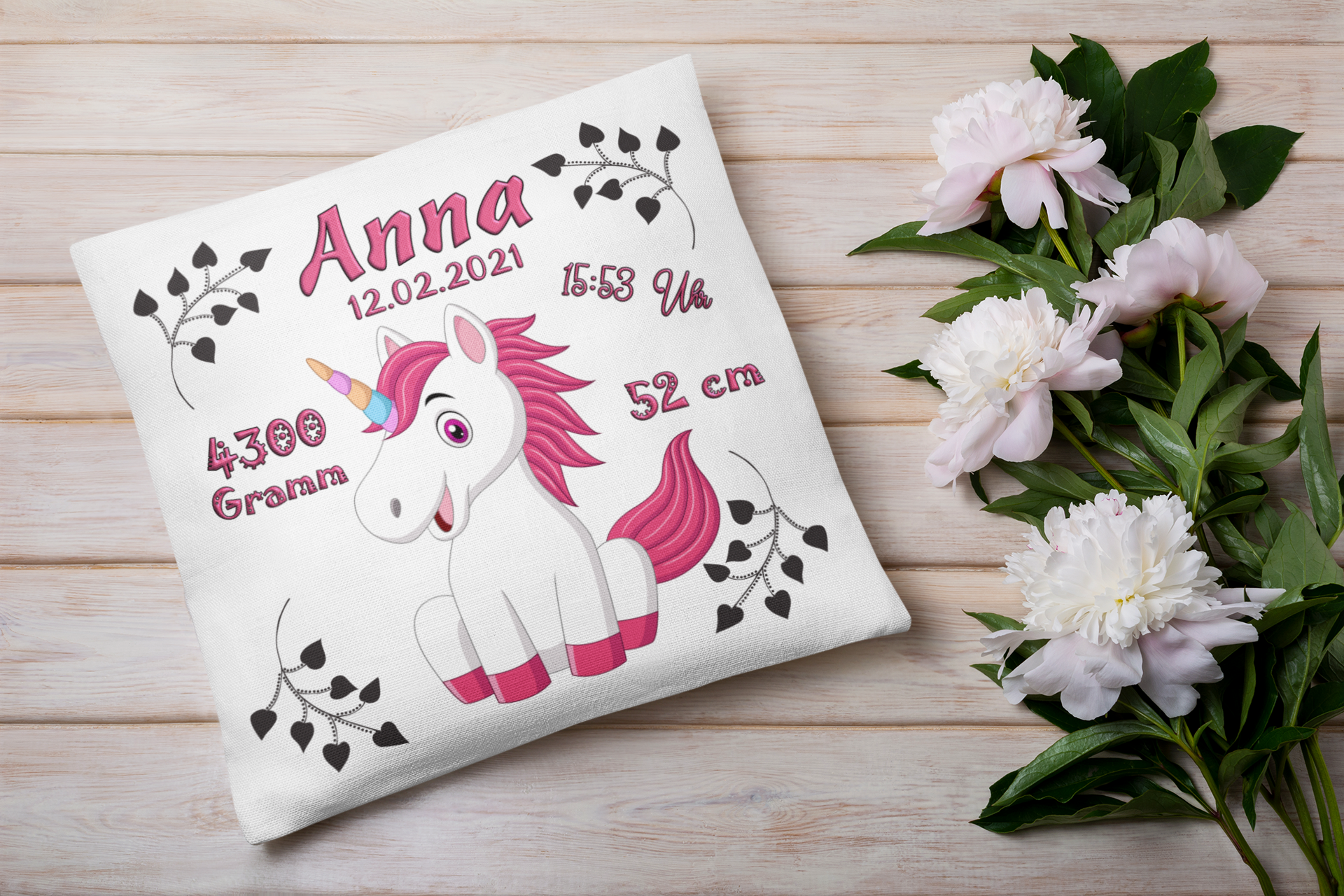 Kissen als Geschenk zur Taufe oder Geburt mit Namen & Datum Babykissen Einhorn personalisiertes Geburtskissen