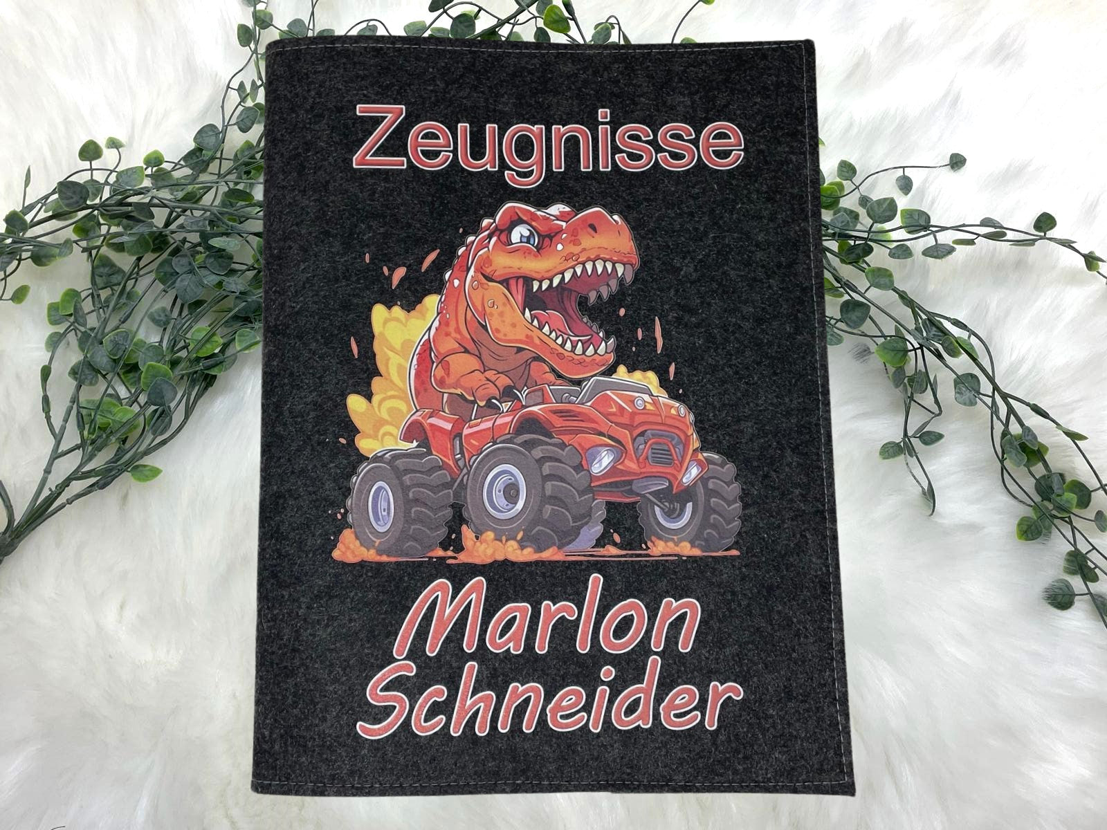 Zeugnismappe mit Namen - Mädchen und Jungen - Personalisiert Filz A4 Dino Orange - Dokumenten Urkunden Mappe Kinder - Hefter Zeugnisse