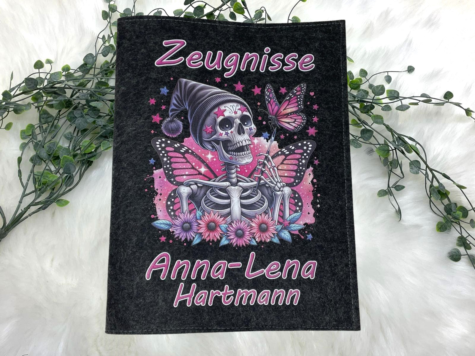 Zeugnismappe mit Namen - Mädchen und Jungen - Personalisiert Filz A4 Skulls Pink - Dokumenten Urkunden Mappe Kinder - Hefter Zeugnisse