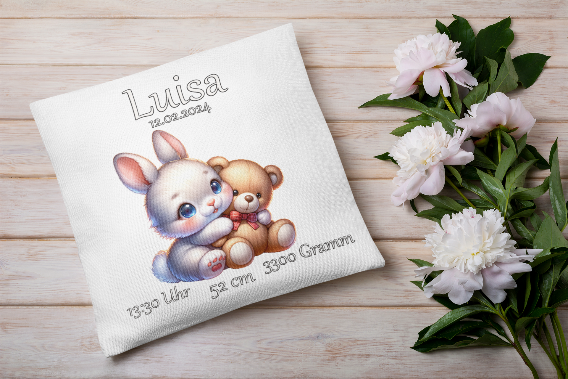 Baby Geschenk Kissen Personalisiert mit Namen Hase Teddybär Taufgeschenk Geburt