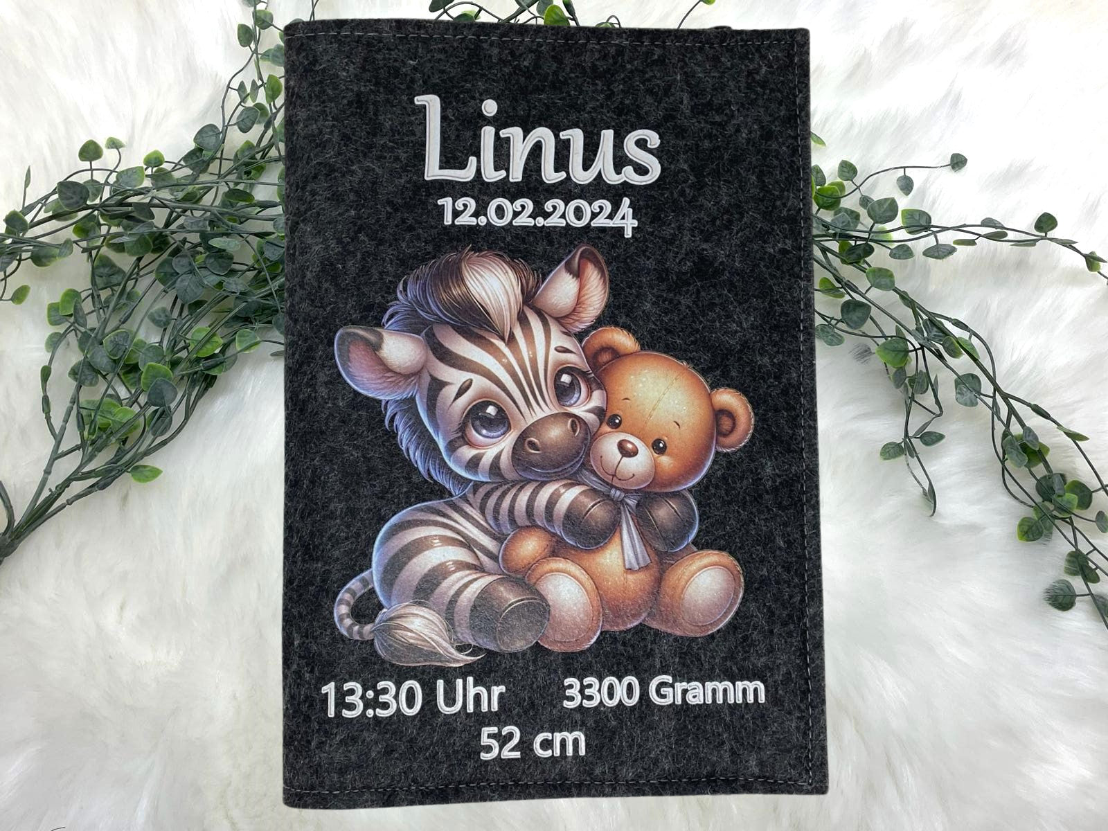 U Heft Hülle Filz personalisiert | Impfpass Zebra Teddy | Untersuchungsheft Hülle filz Geschenk Geburt | Junge Mädchen taufe