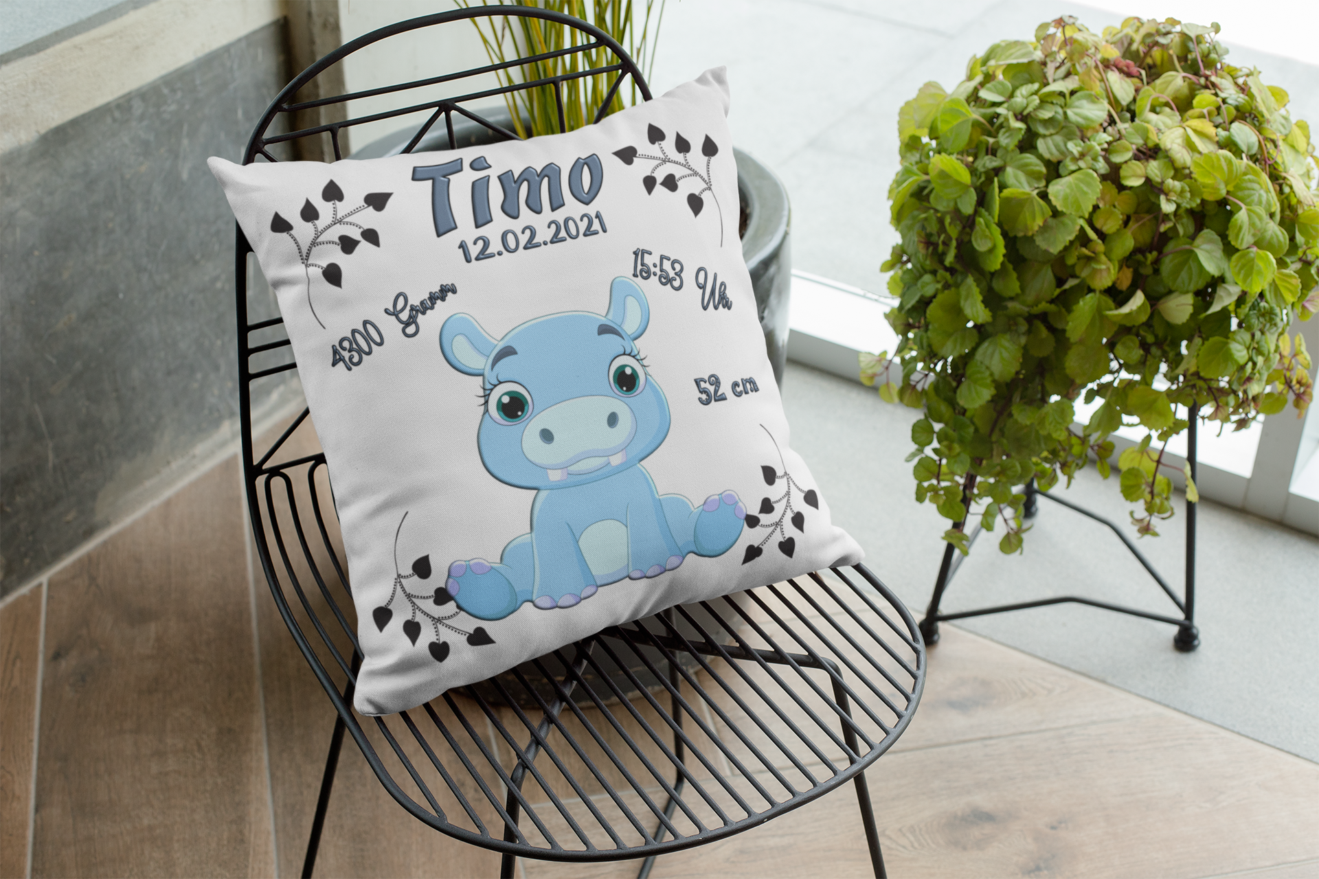 Kissen als Geschenk zur Taufe oder Geburt mit Namen & Datum Babykissen Hippo Blau personalisiertes Geburtskissen