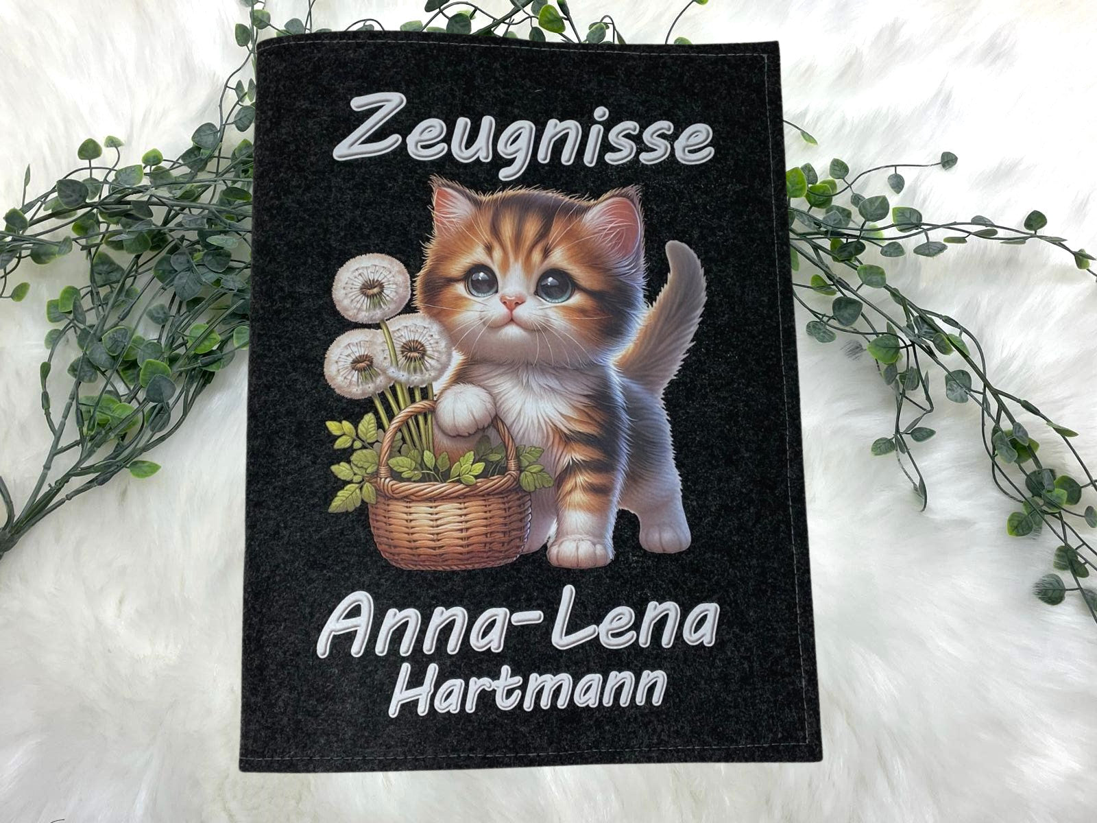 Zeugnismappe mit Namen - Mädchen und Jungen - Personalisiert Filz A4 Katze - Dokumenten Urkunden Mappe Kinder - Hefter Zeugnisse - Sichtbuch Grundschule