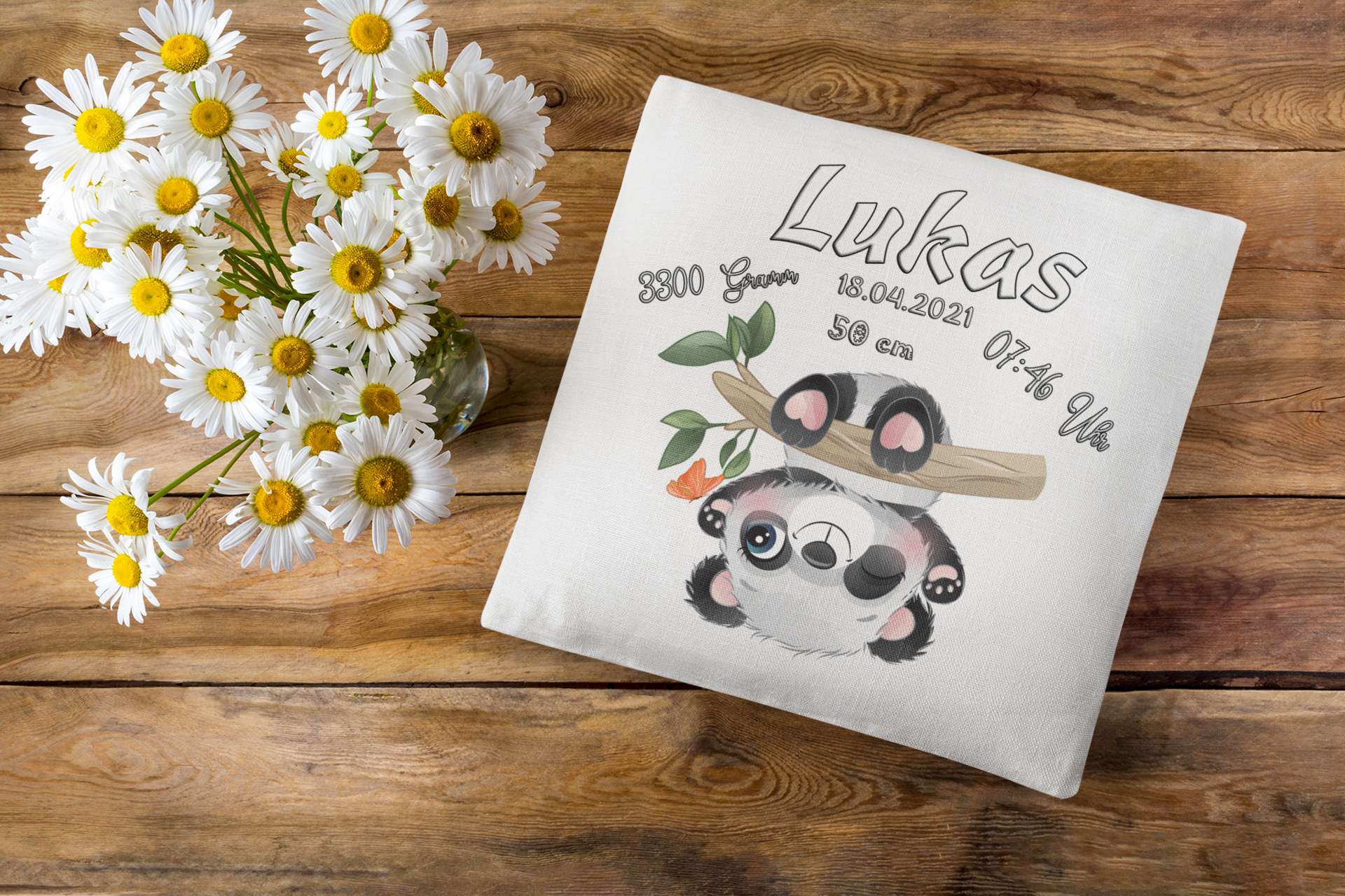 Personalisiertes Geschenk zur Geburt Kissen mit Namen Baby Panda Taufgeschenke