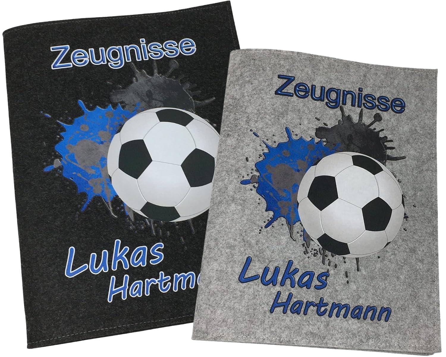 Zeugnismappe mit Namen - Mädchen und Jungen - Personalisiert Filz A4 Fussball Blau - Dokumenten Urkunden Mappe Kinder - Hefter Zeugnisse - Sichtbuch