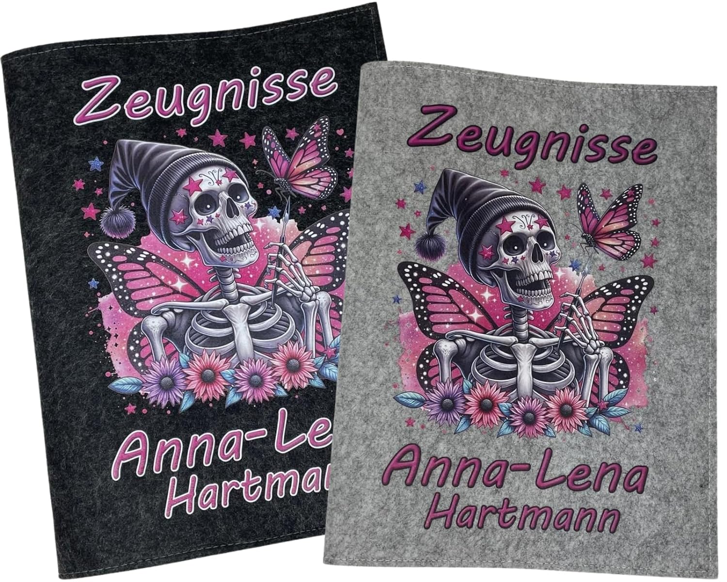 Zeugnismappe mit Namen - Mädchen und Jungen - Personalisiert Filz A4 Skulls Pink - Dokumenten Urkunden Mappe Kinder - Hefter Zeugnisse