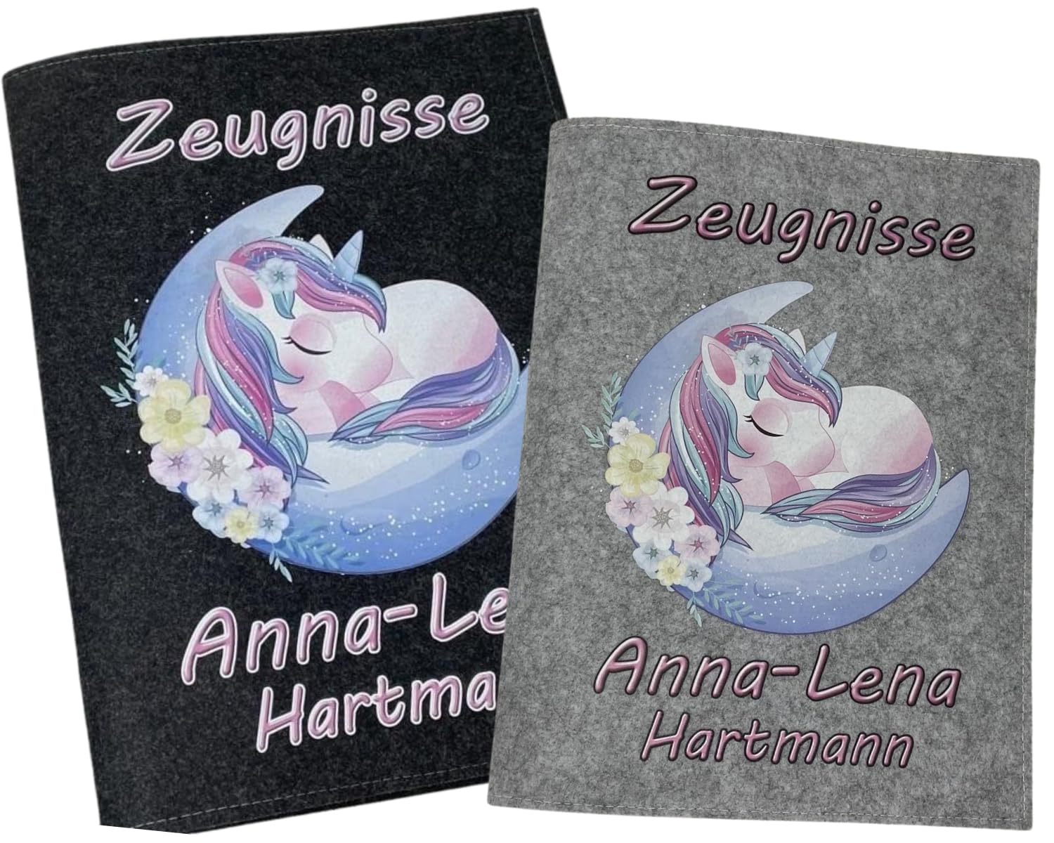 Zeugnismappe mit Namen - Mädchen und Jungen - Personalisiert Filz A4 Einhorn Mond - Dokumenten Urkunden Mappe Kinder - Hefter Zeugnisse - Sichtbuch Grundschule