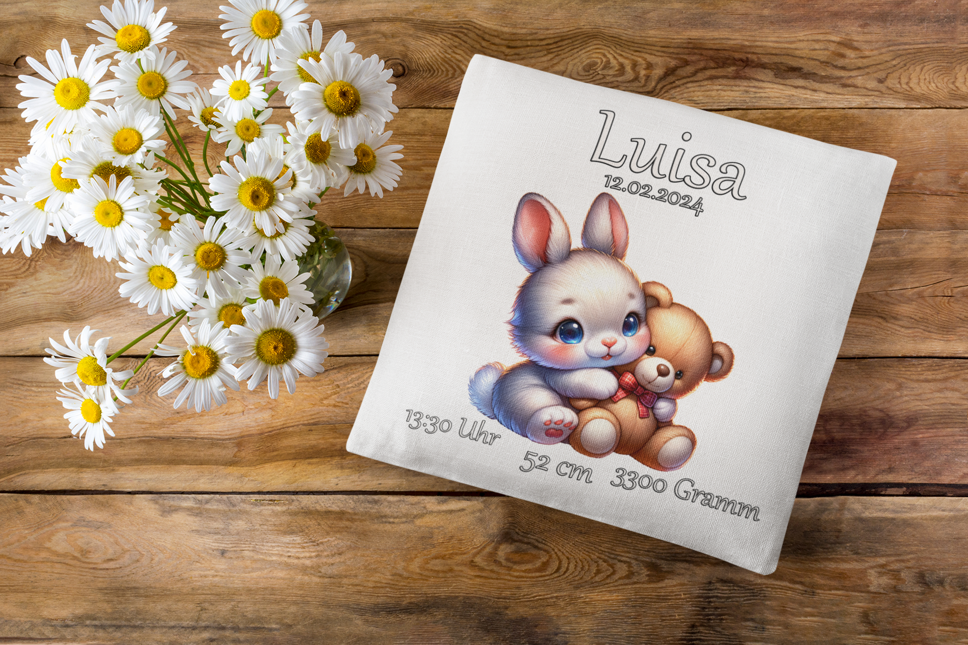 Baby Geschenk Kissen Personalisiert mit Namen Hase Teddybär Taufgeschenk Geburt