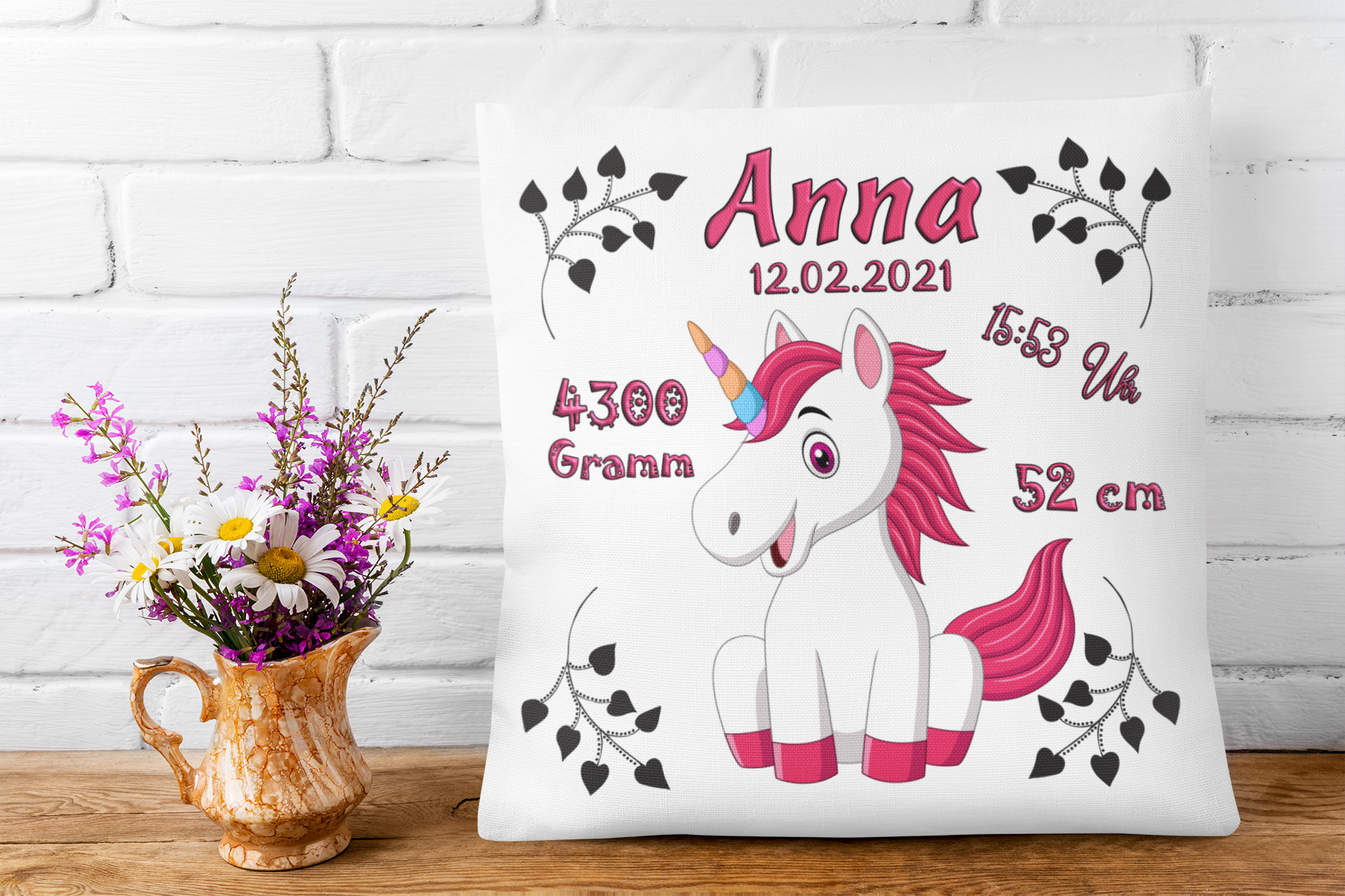 Kissen als Geschenk zur Taufe oder Geburt mit Namen & Datum Babykissen Einhorn personalisiertes Geburtskissen