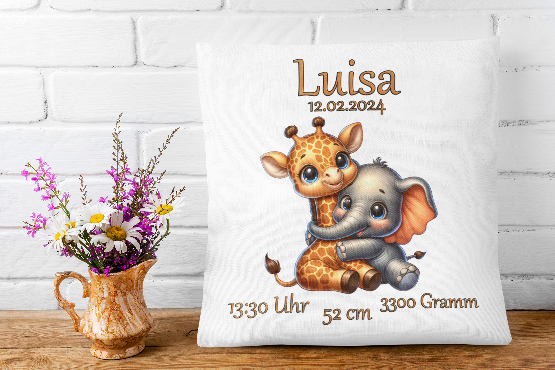 Baby Geschenk Kissen Personalisiert mit Namen Giraffe Elefant Geburt Geschenke