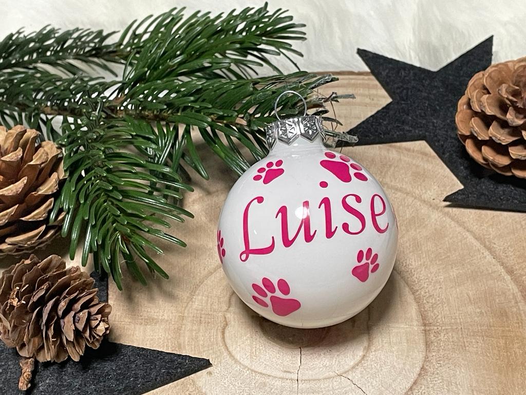 Weihnachtskugel mit Name aus Glas 6cm Wunschtext Weiß Glänzend Personalisierte Christbaumkugel