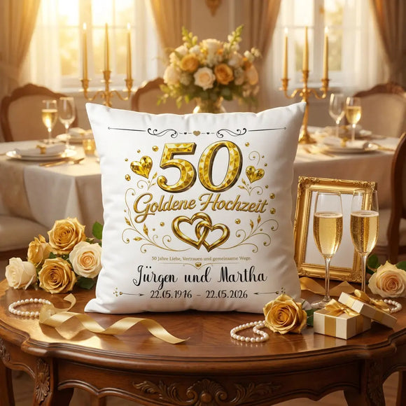 Kissen zur Goldenen Hochzeit personalisiert mit goldenen Herzen und Eheringen für 50 Jahre Ehe