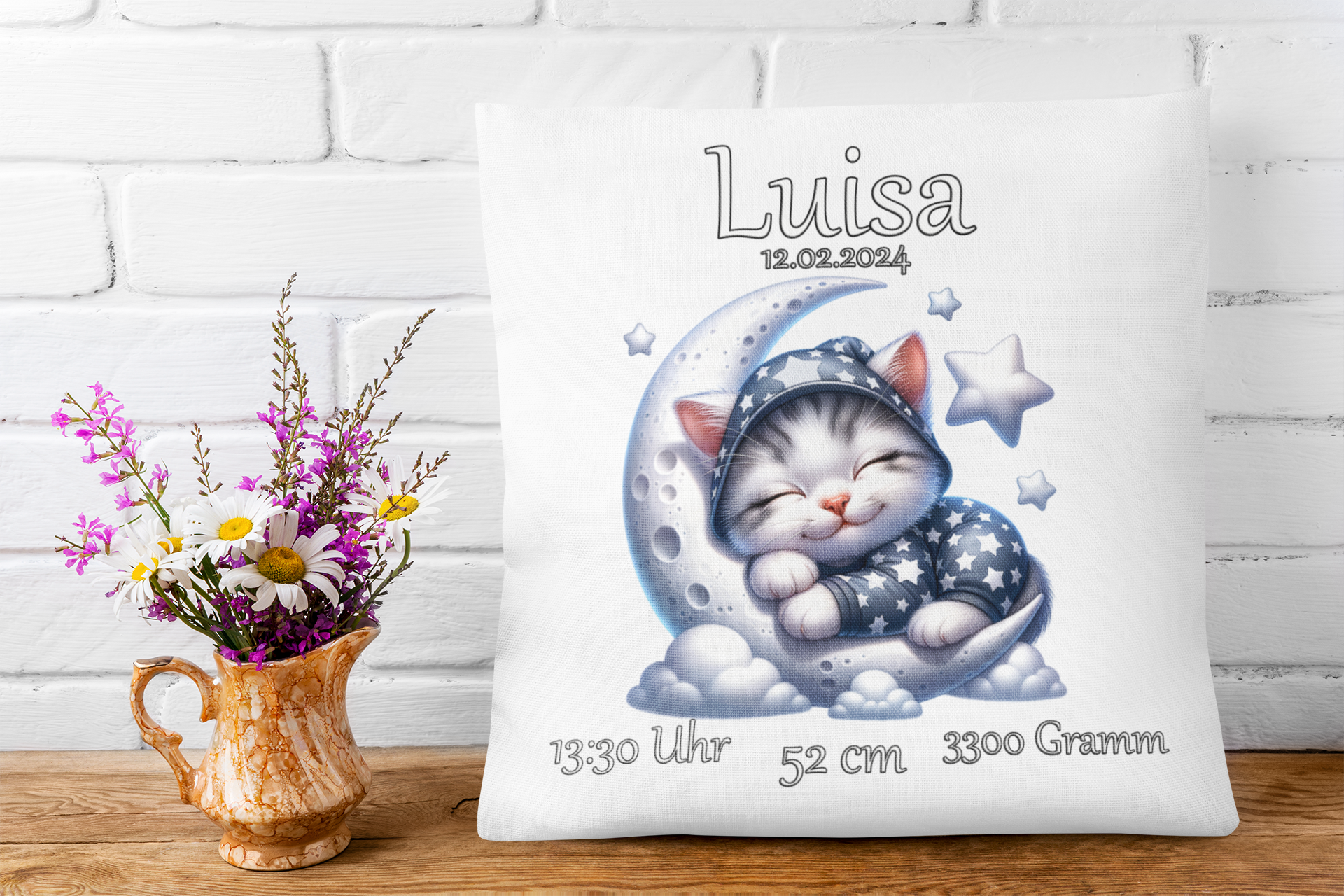 Personalisierte Babygeschenke zur Geburt Kissen mit Namen Katze Junge Mädchen