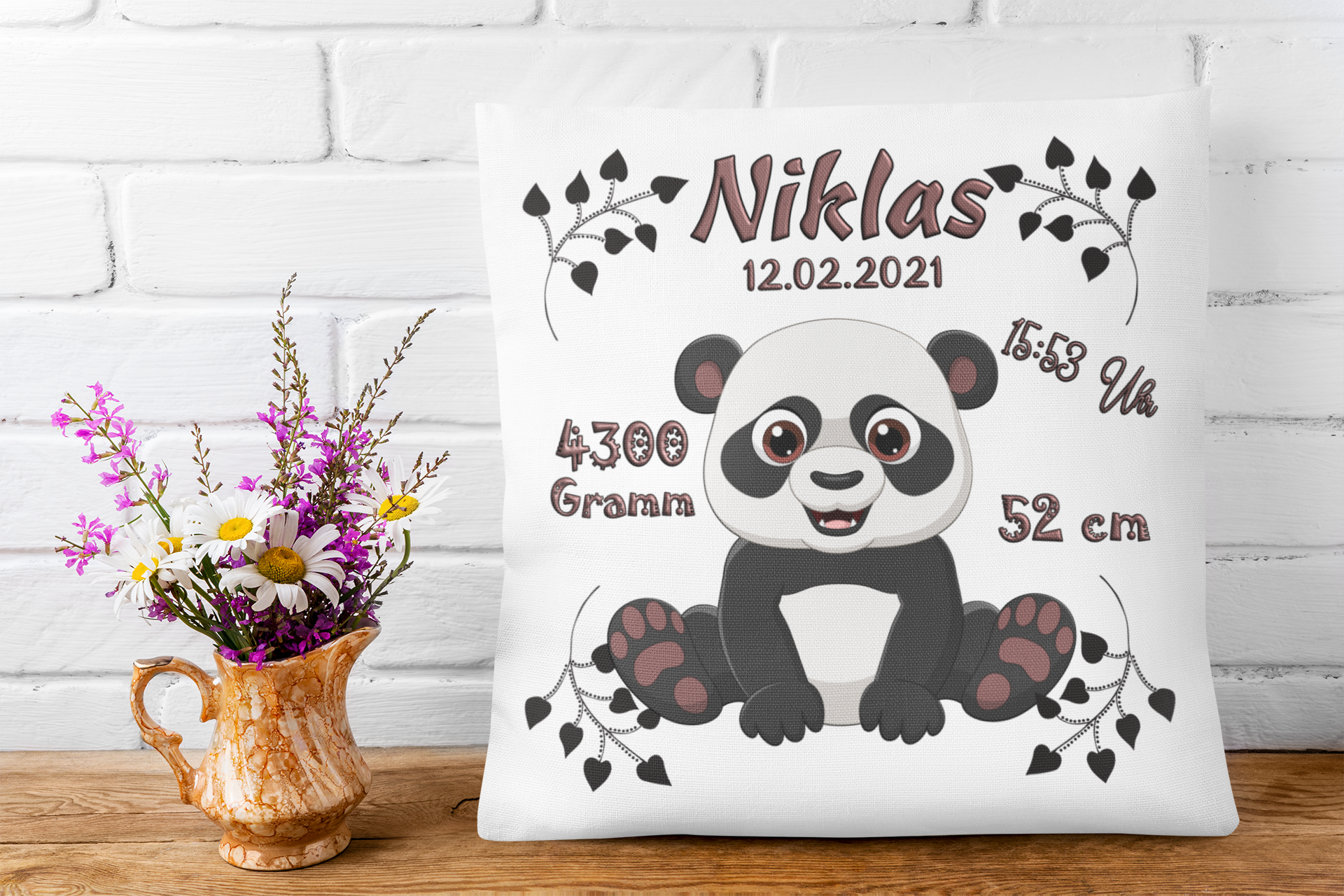 Kissen als Geschenk zur Taufe oder Geburt mit Namen & Datum Babykissen Pandybär personalisiertes Geburtskissen