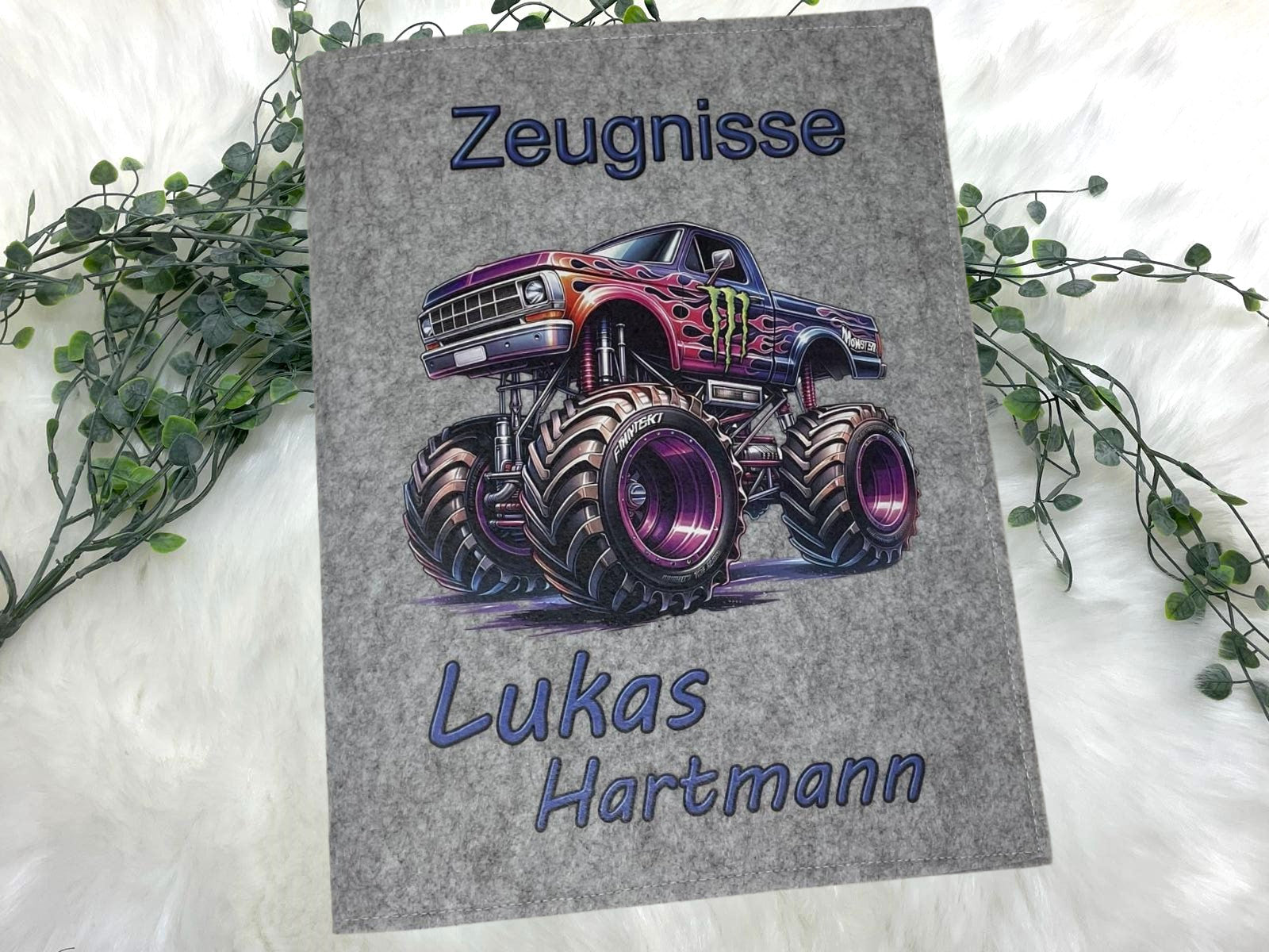 Zeugnismappe mit Namen - Mädchen und Jungen - Personalisiert Filz A4 Monstertruck - Dokumenten Urkunden Mappe Kinder - Hefter Zeugnisse